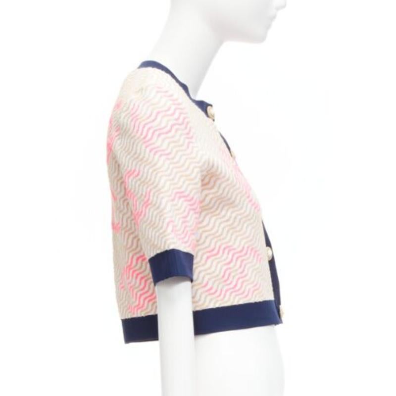 Women's rare CHANEL pink applique logo twirl seashell button cropped cardigan FR38 M For Sale
