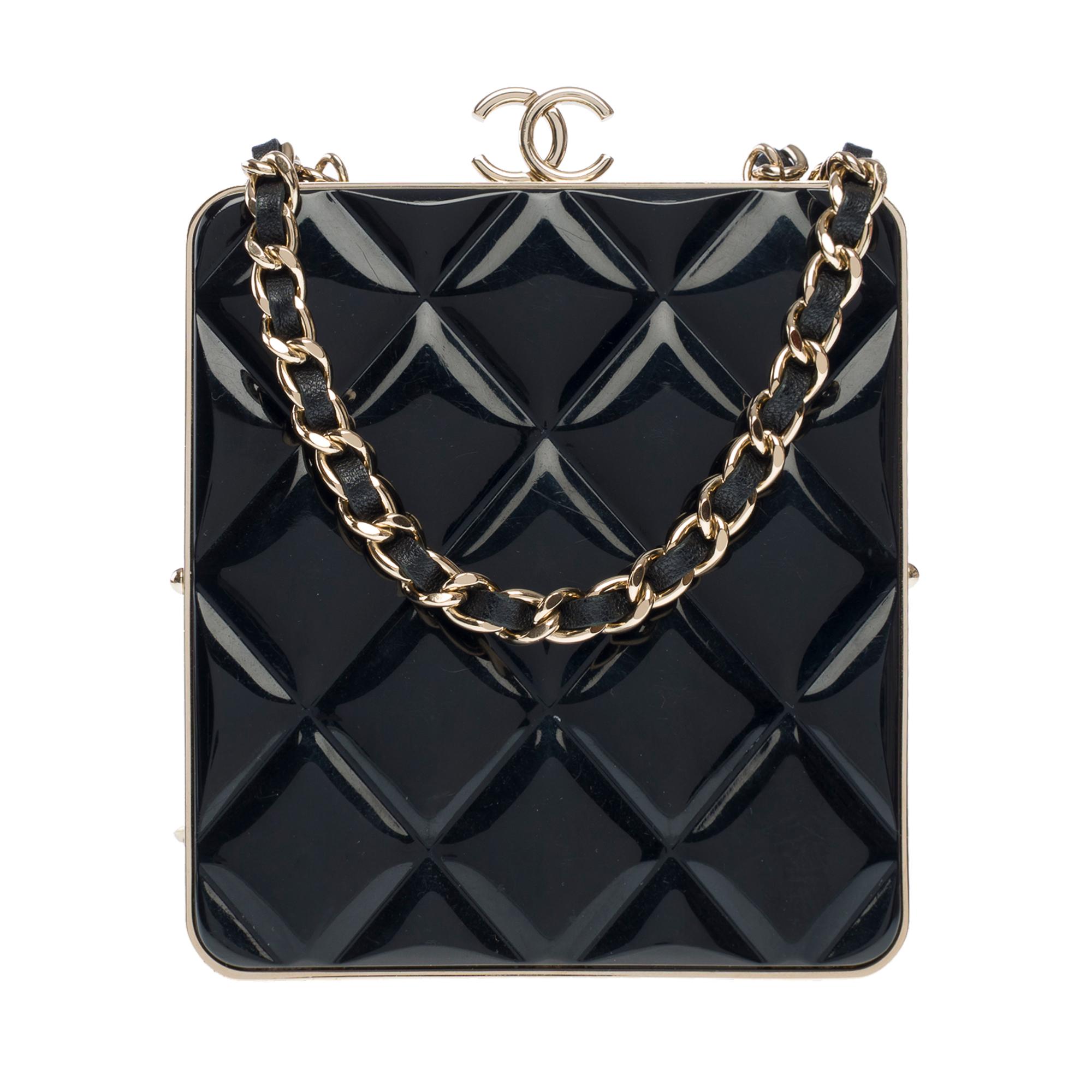 Black Rare Chanel Plexi Clutch shoulder flap bag in black quilted lamb and plexi, GHW For Sale