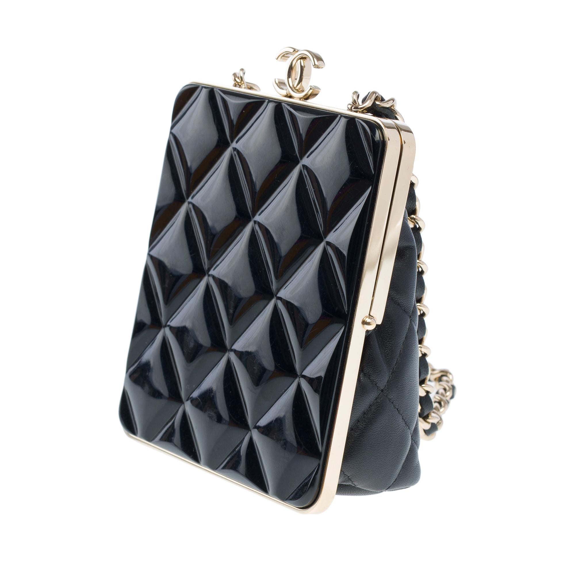 Women's Rare Chanel Plexi Clutch shoulder flap bag in black quilted lamb and plexi, GHW For Sale