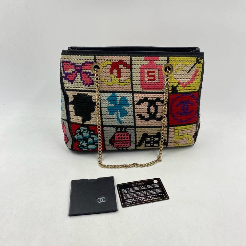 Rare Chanel Precious Symbols Needlepoint Shoulder Bag Shopper Tote 5