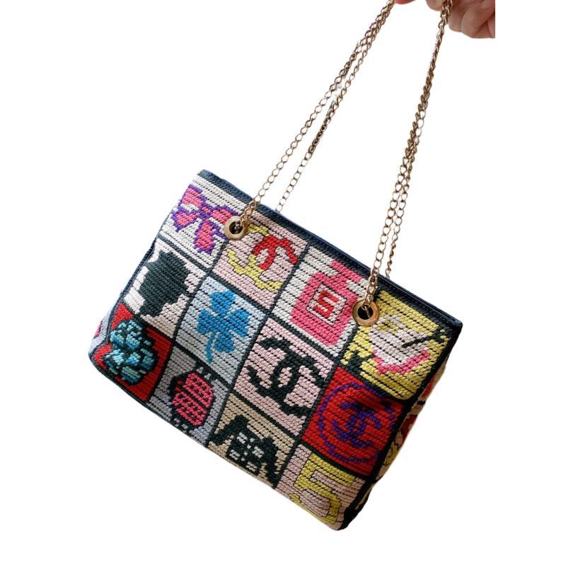 Black Rare Chanel Precious Symbols Needlepoint Shoulder Bag Shopper Tote