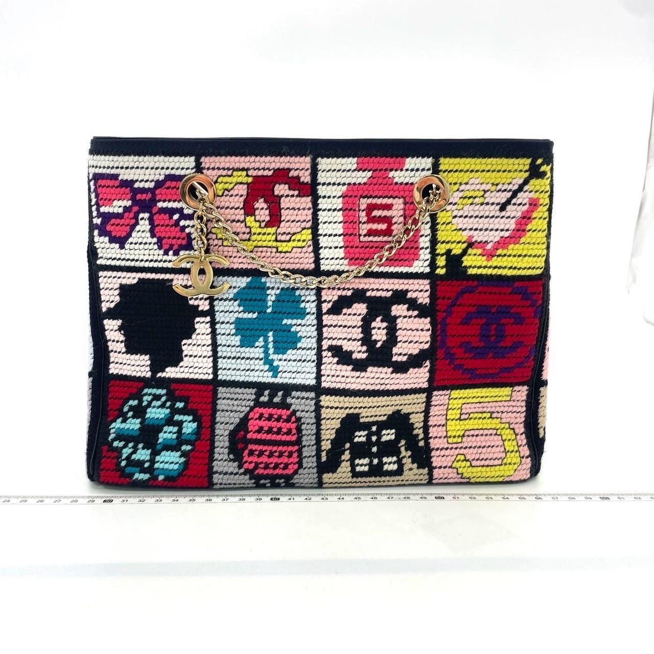 Beige Rare Chanel Precious Symbols Needlepoint Shoulder Bag Shopper Tote For Sale