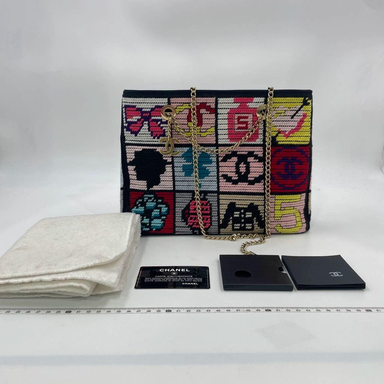 Women's Rare Chanel Precious Symbols Needlepoint Shoulder Bag Shopper Tote For Sale