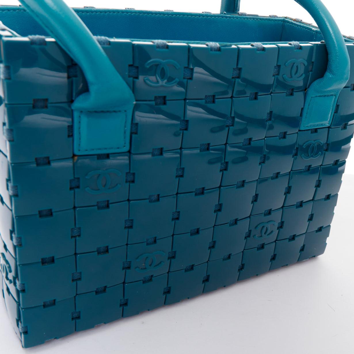 rare CHANEL Puzzle blue plastic CC chip leather stitch tote bag For Sale 2