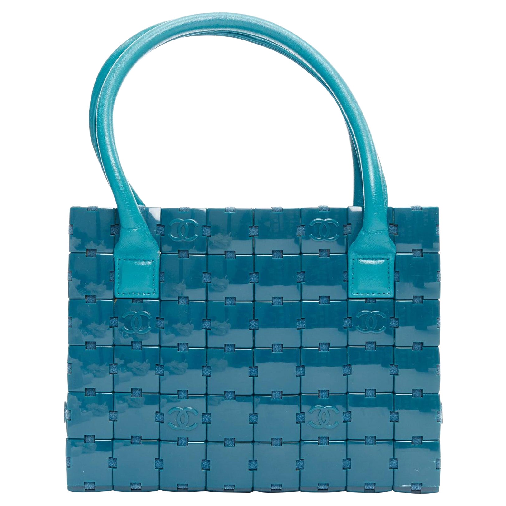 seltene CHANEL Puzzle blau Kunststoff CC Chip Leder Naht Tote Tasche