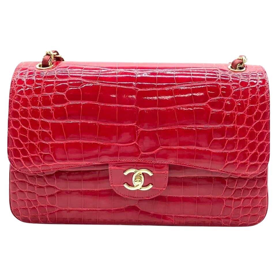 Rare Chanel Alligator Rouge Véritable Jumbo Double Flap Handbag With GHW