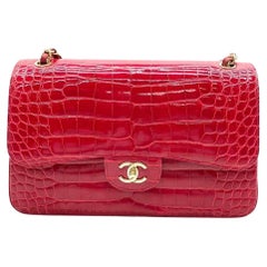 Rare Chanel Red Genuine Alligator Jumbo Double Flap Handbag With GHW