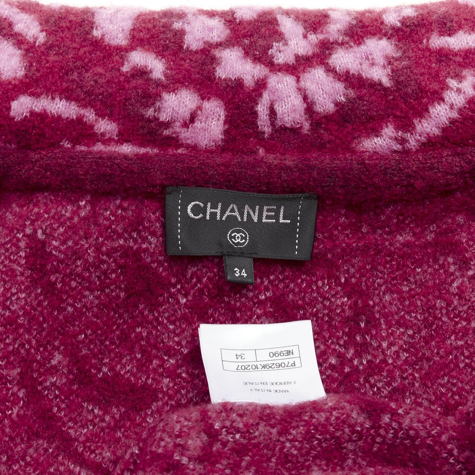 rare CHANEL red pink Camellia CC wool fluffy boucle trim cardigan jacket FR34 XS For Sale 6