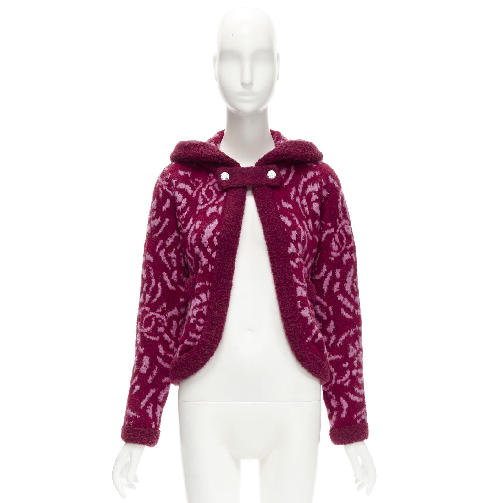 rare CHANEL red pink Camellia CC wool fluffy boucle trim cardigan jacket FR34 XS For Sale 7