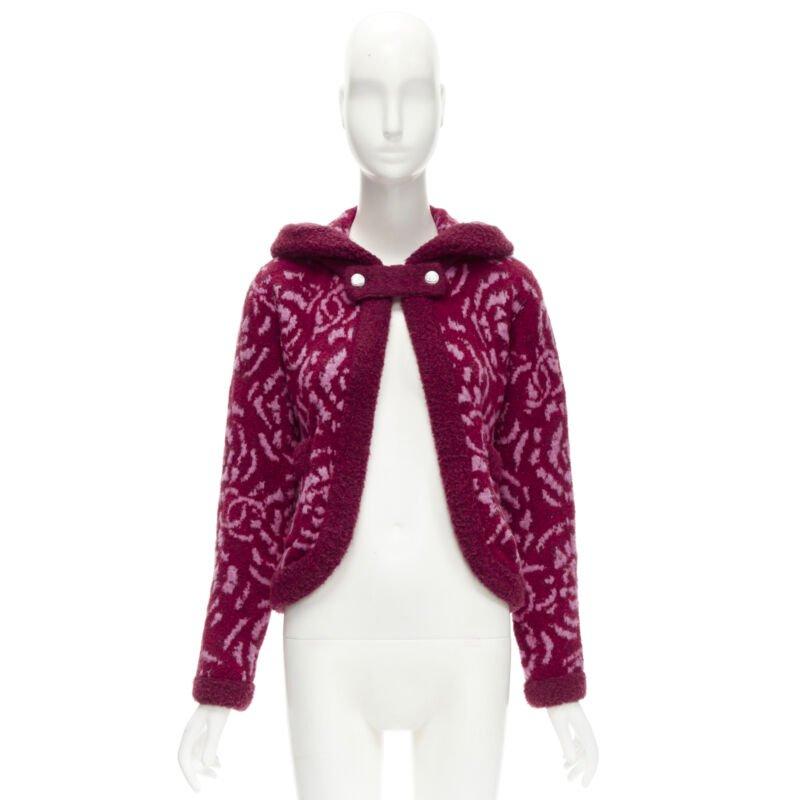 rare CHANEL rouge rose Camellia CC laine duveteuse boucle cardigan veste FR34 XS en vente 7