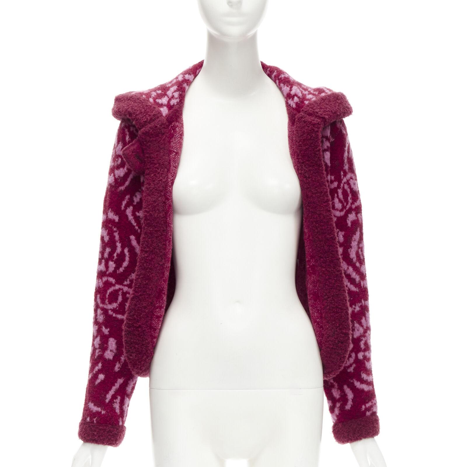 Purple rare CHANEL red pink Camellia CC wool fluffy boucle trim cardigan jacket FR34 XS For Sale