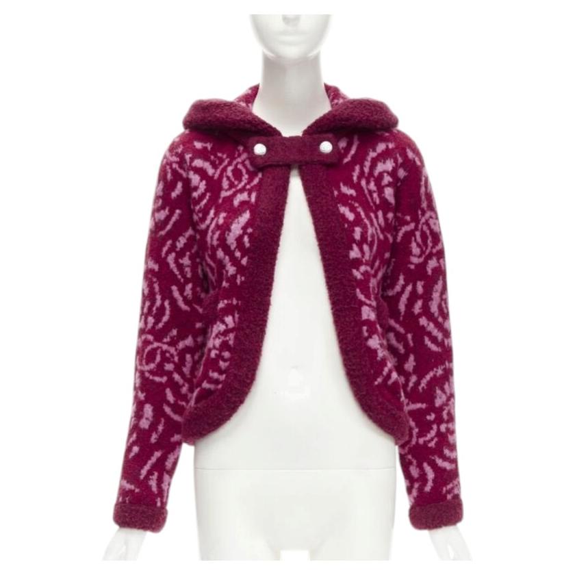 Pre-owned Chanel Rare  Red Pink Camellia Cc Wool Fluffy Boucle Trim Cardigan Jacket Fr34 Xs