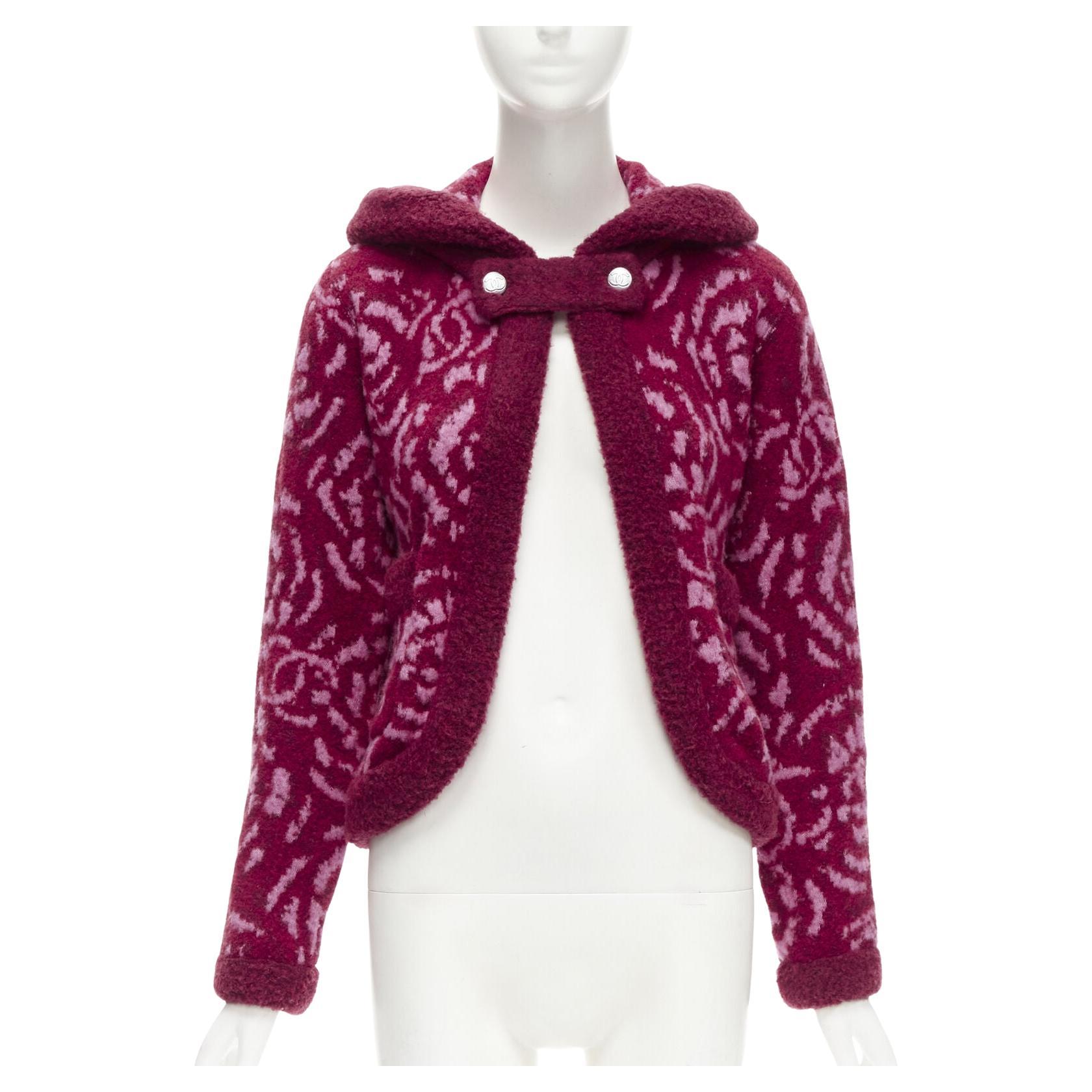 rare CHANEL red pink Camellia CC wool fluffy boucle trim cardigan jacket FR34 XS For Sale