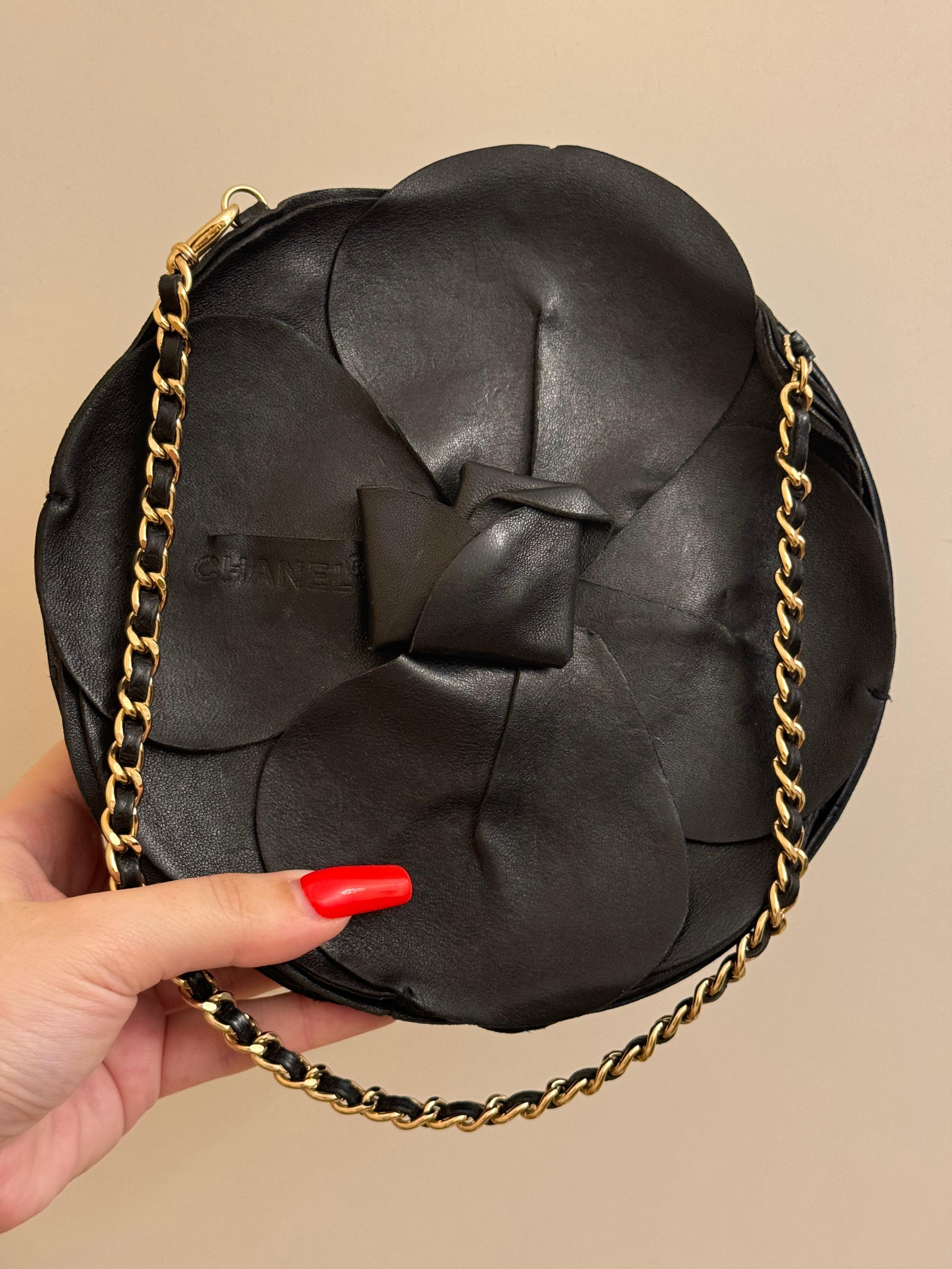 Rare Chanel Spring 2002 runway camelia leather and silk satin bag minaudière, chain removable, gold champagne hardware, no serial number (runway piece) some signs of wear but very good vintage condition 