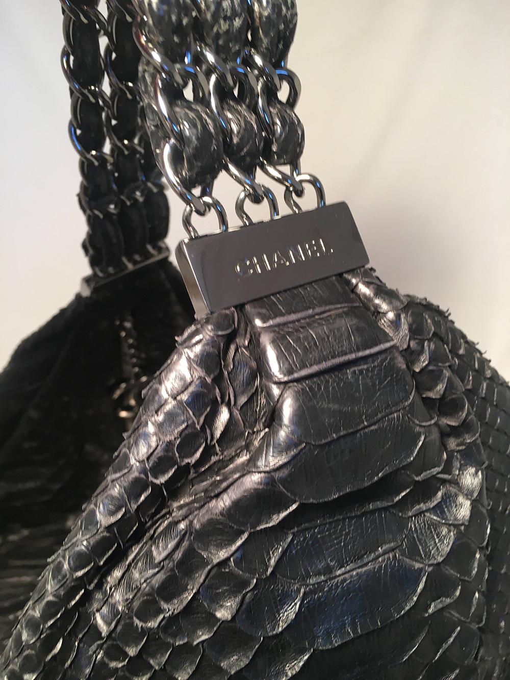 RARE Chanel Runway Black Python Snakeskin Hobo Shoulder Satchel Bag 2