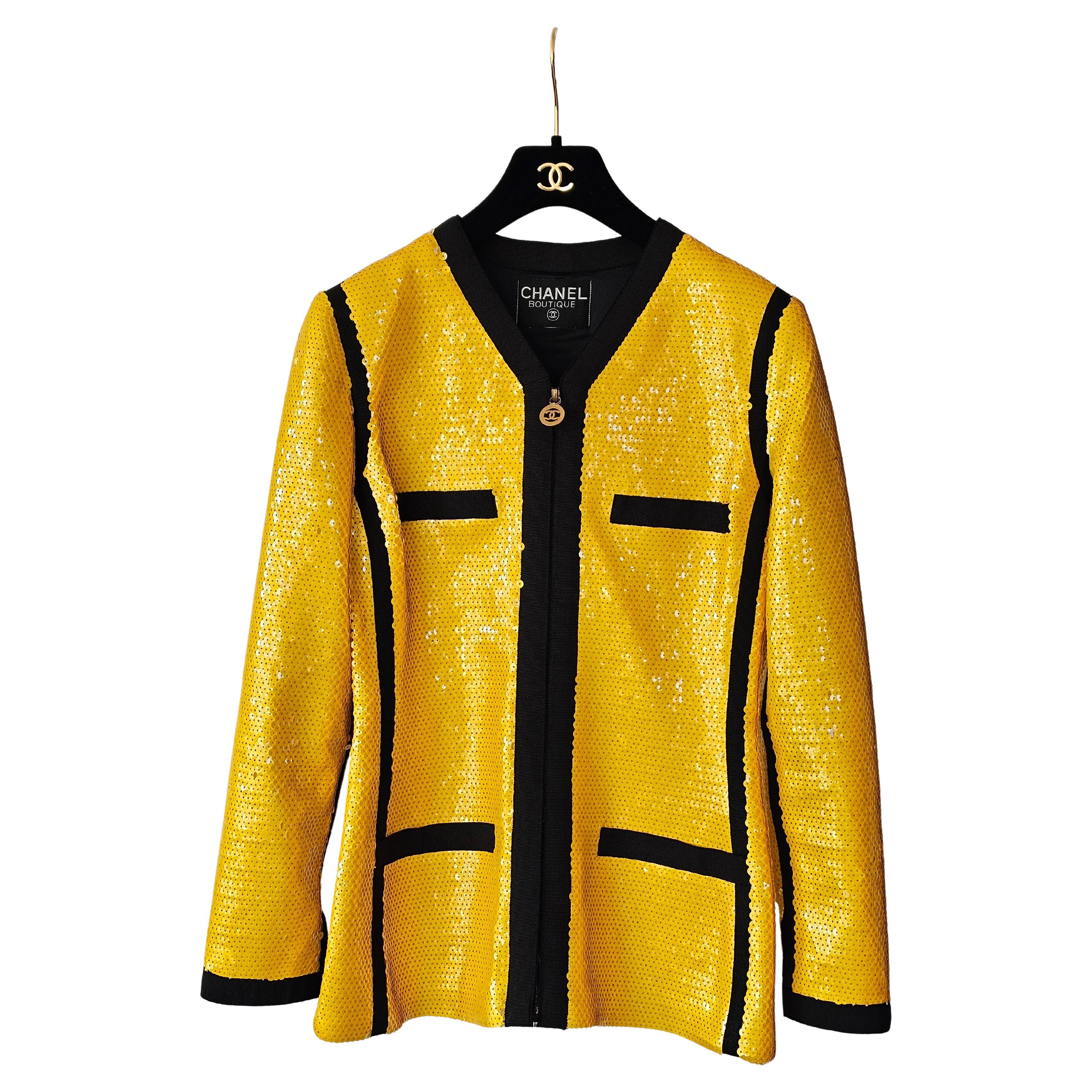 Rare Chanel S/S 1991 SCUBA Yellow Sequin Jacket City Surfer by Karl SZ 36