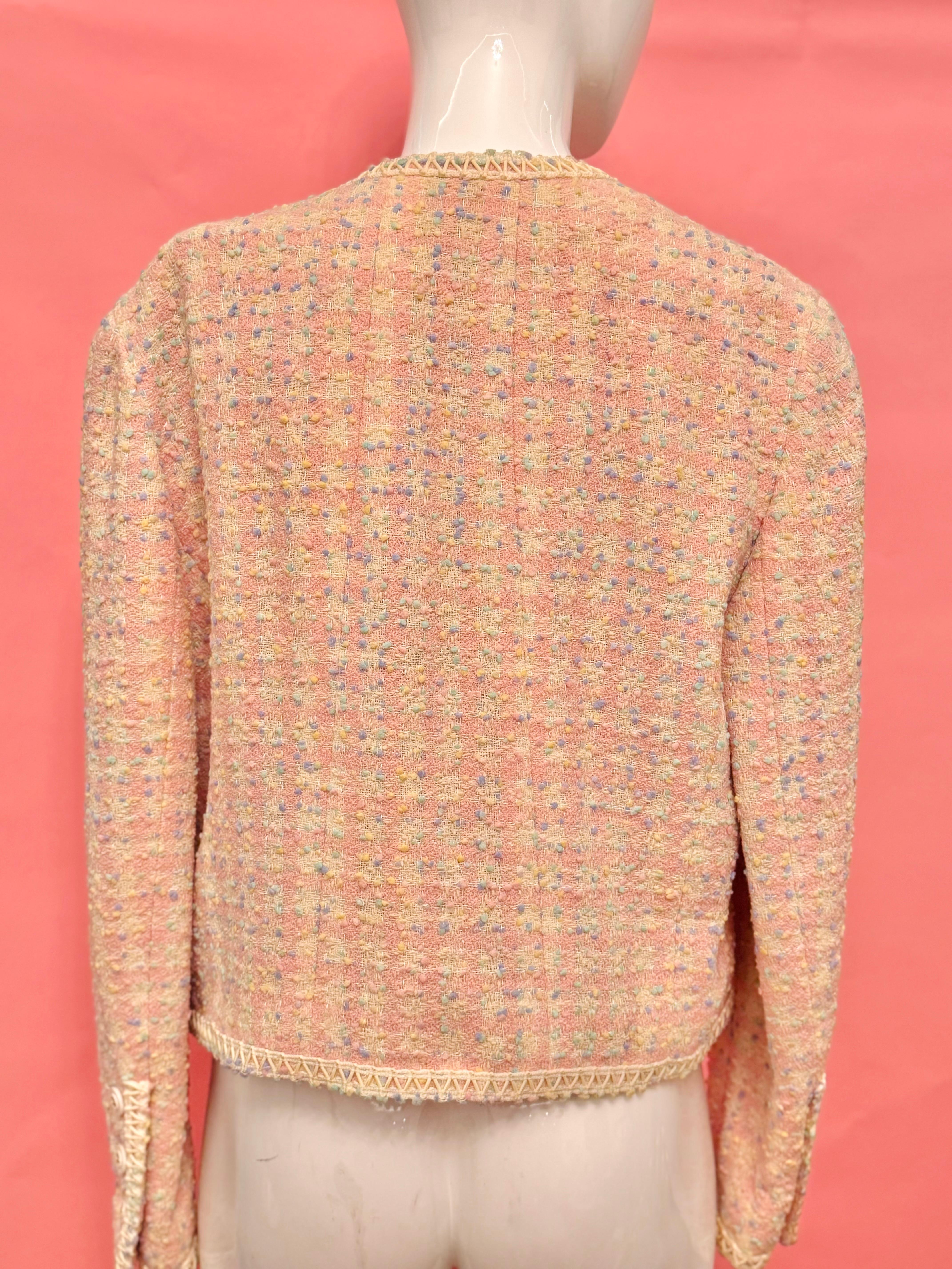 Rare Chanel S/S 1994 confetti and pastel colors tweed pvc trim runway jacket For Sale 9