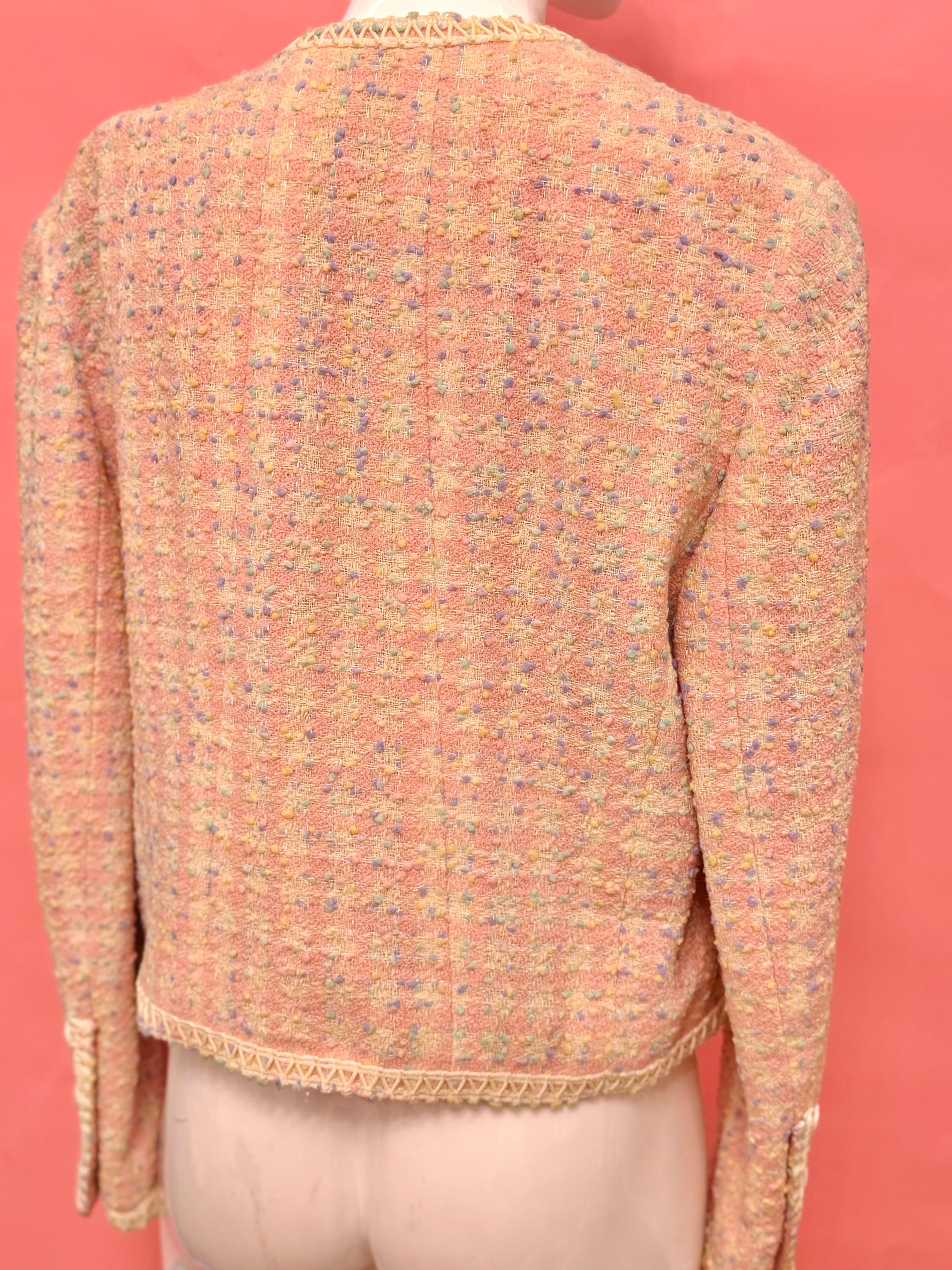 Rare Chanel S/S 1994 confetti and pastel colors tweed pvc trim runway jacket For Sale 11