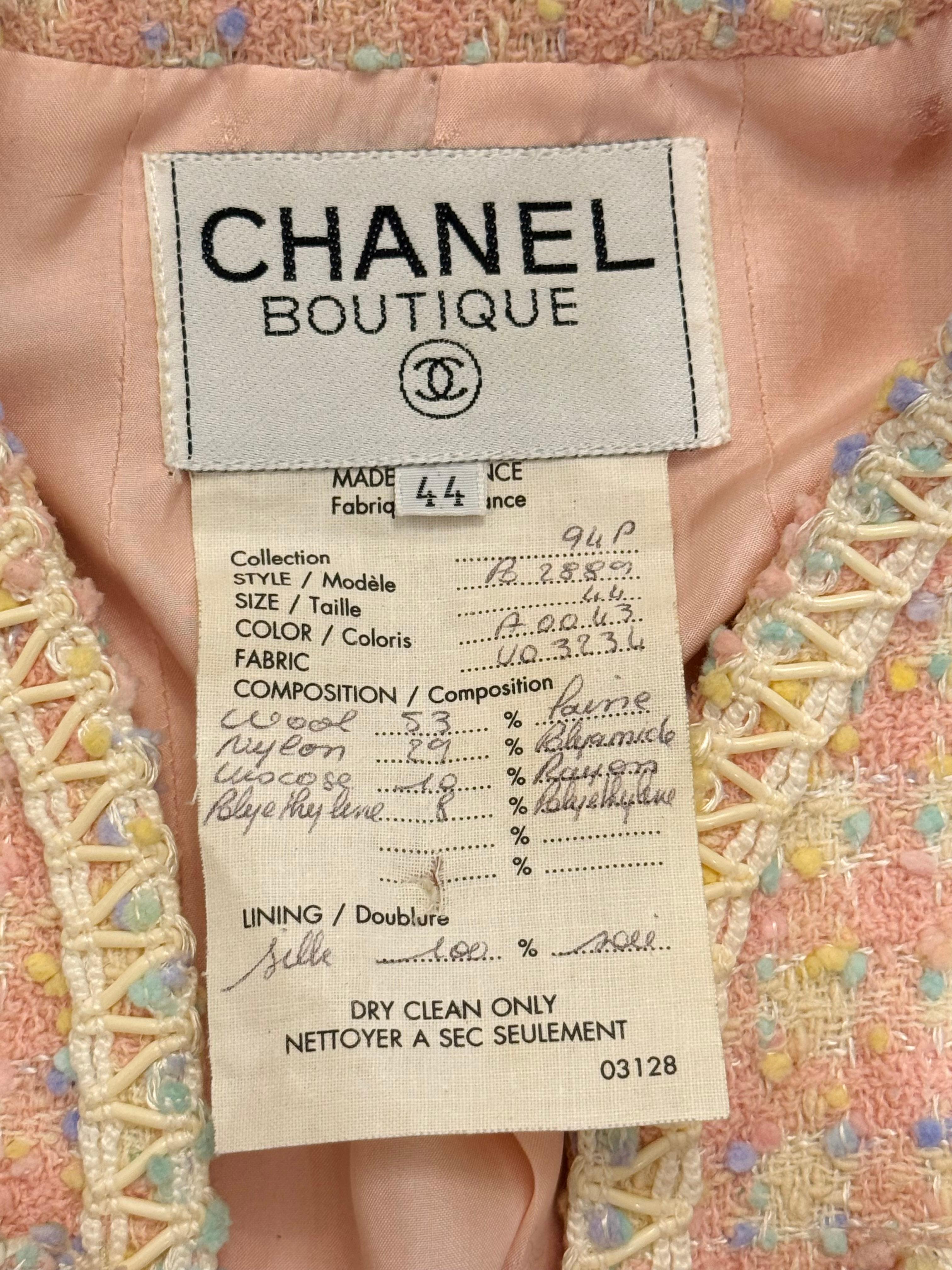 Beige Rare Chanel S/S 1994 confetti and pastel colors tweed pvc trim runway jacket For Sale