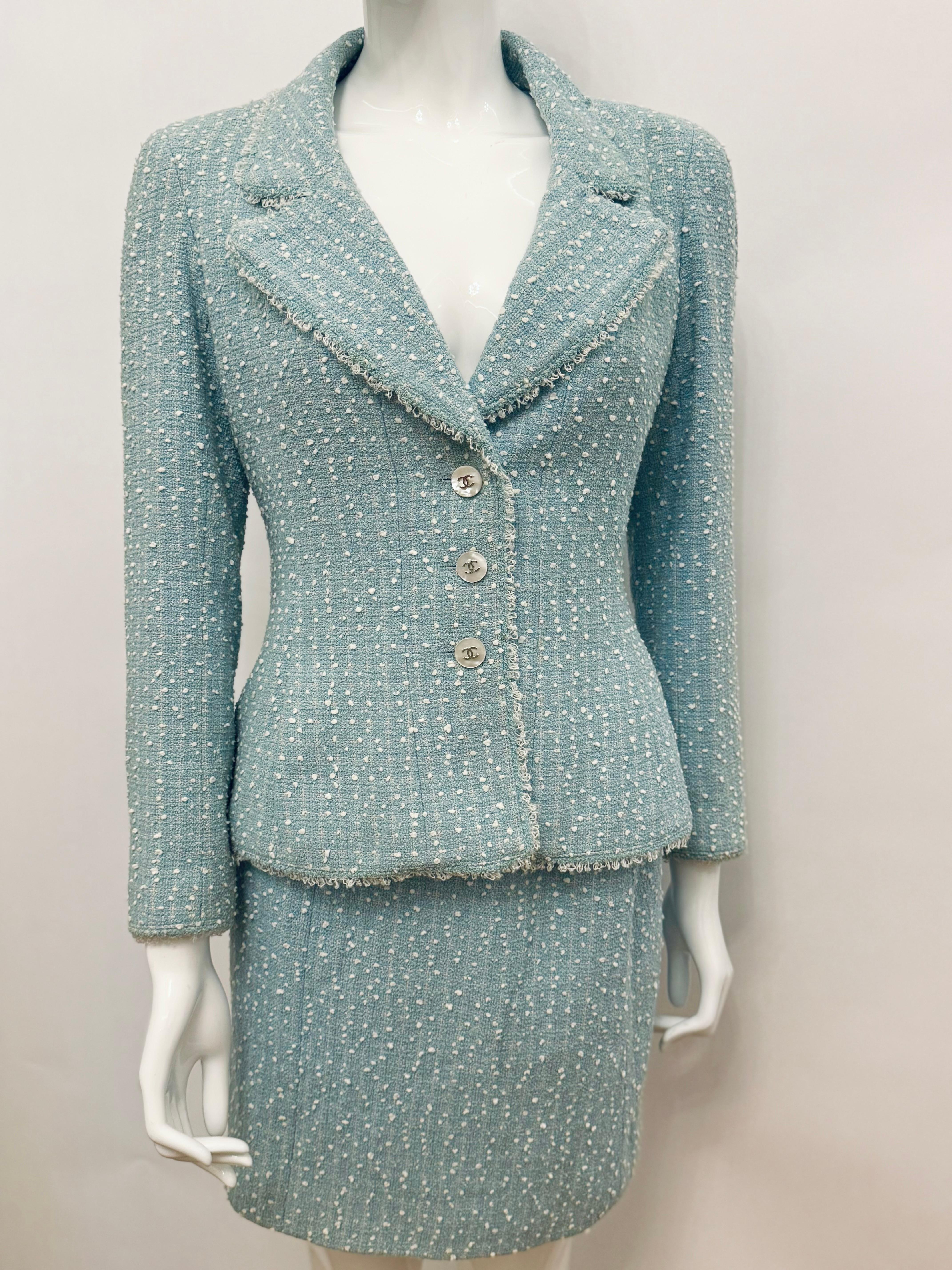 Raro abito Chanel P/E 1997 Principessa Lady Diana gonna blu cielo in vendita 13