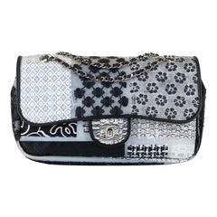 Rare Chanel Sac Timeless Decorated with Black, White, Grey Chanel Fabric Motifs