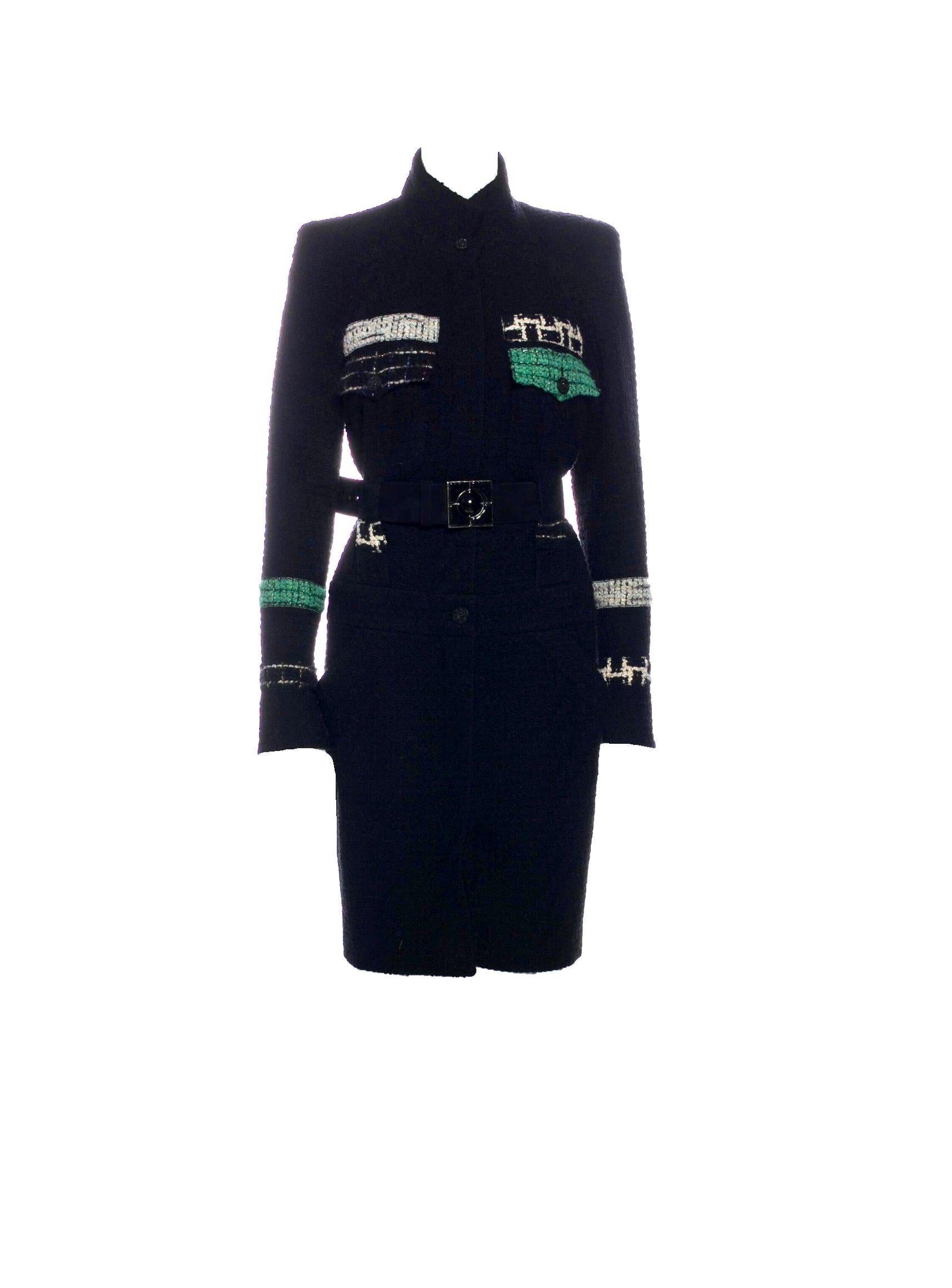 Nero Raro cappotto Chanel firmato Fantasy Tweed Crochet Knit Coat CC Logo Button 42