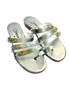 Rare Chanel silver metallic lambskin CC turnlock sandals