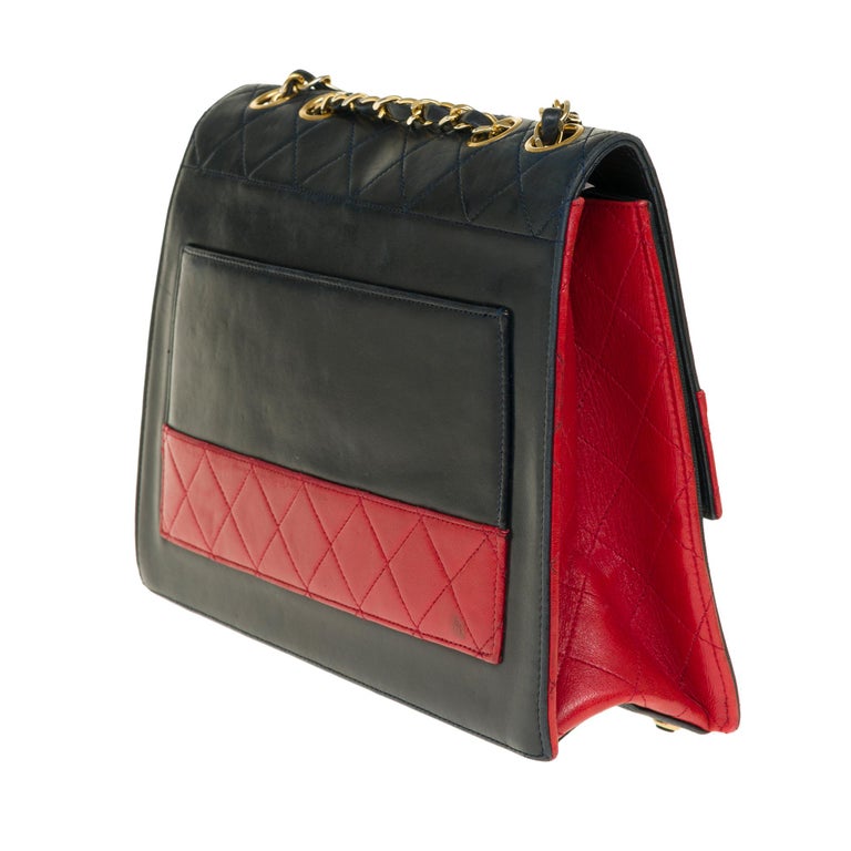 Rare Chanel Trapeze bicolor navy blue/red handbag in leather with its  wallet For Sale at 1stDibs