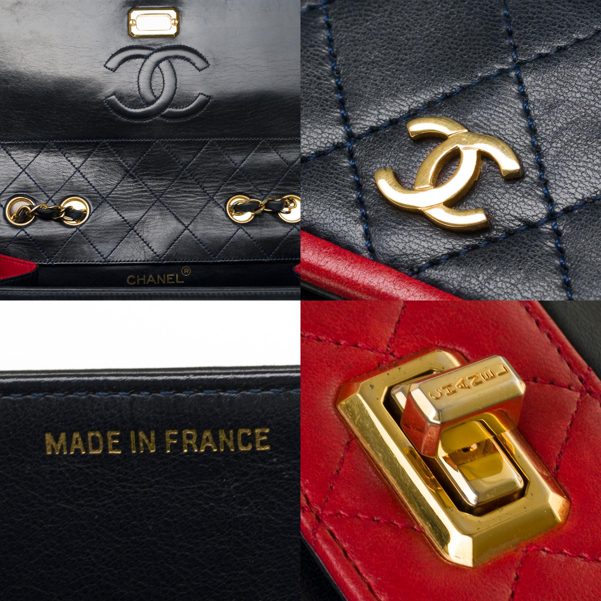 Black Rare Chanel Trapeze bicolor navy blue/red handbag in leather with its wallet