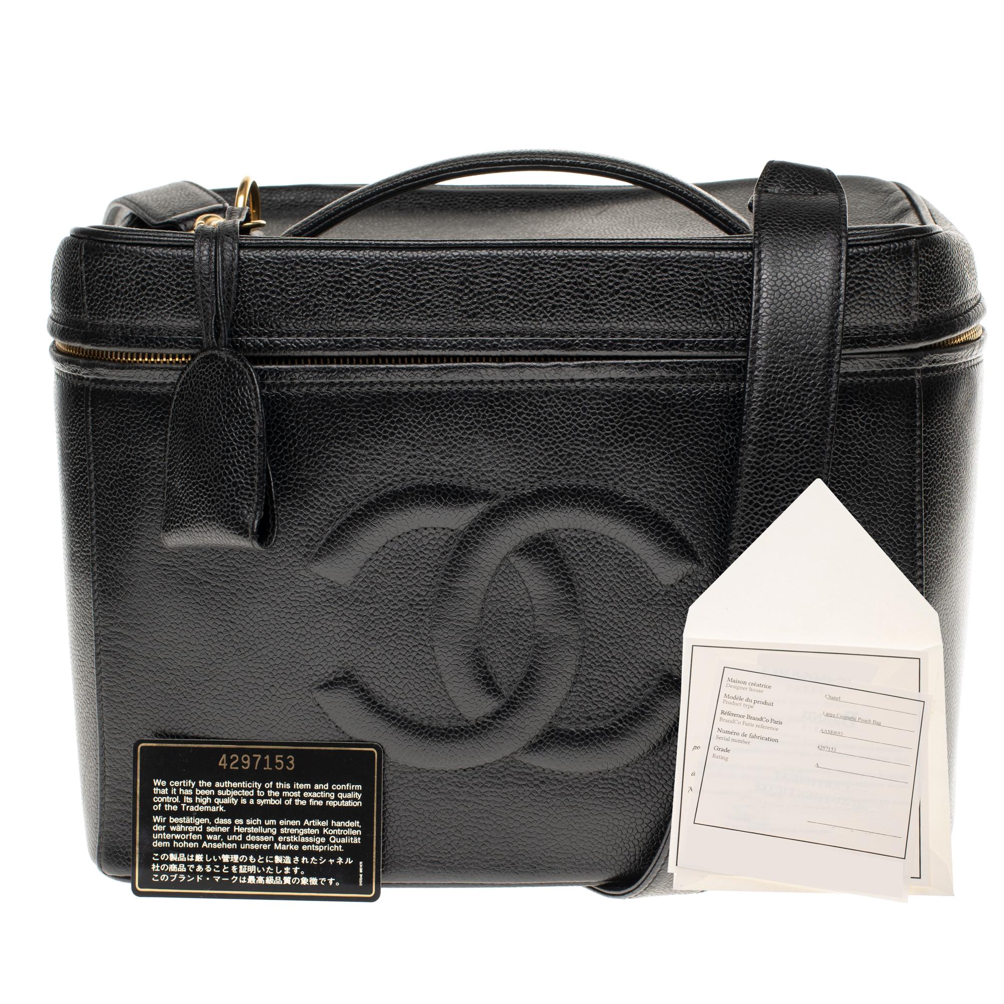 Rare Chanel Vanity Case in Caviar black leather with strap , gold hardware 6