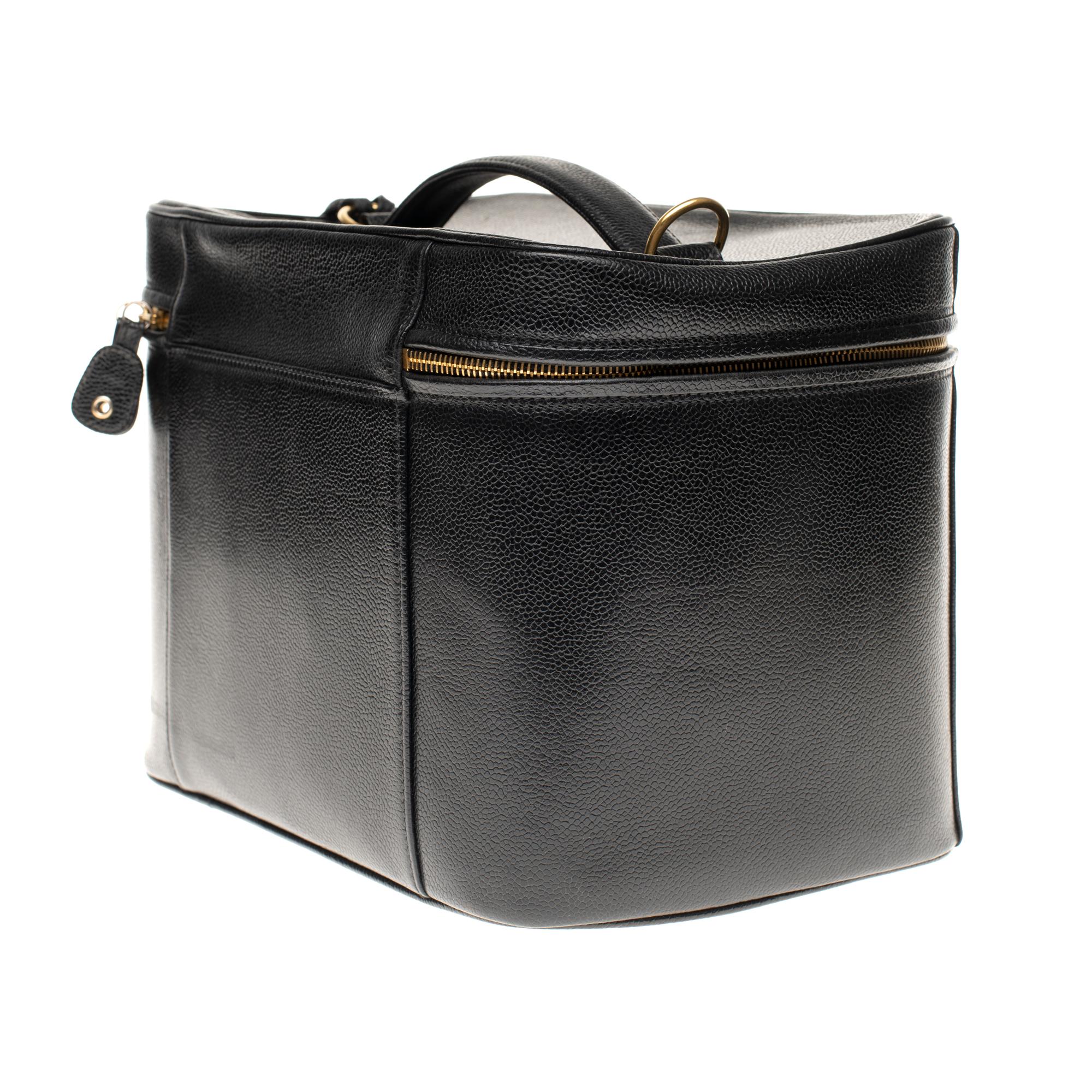 Black Rare Chanel Vanity Case in Caviar black leather with strap , gold hardware