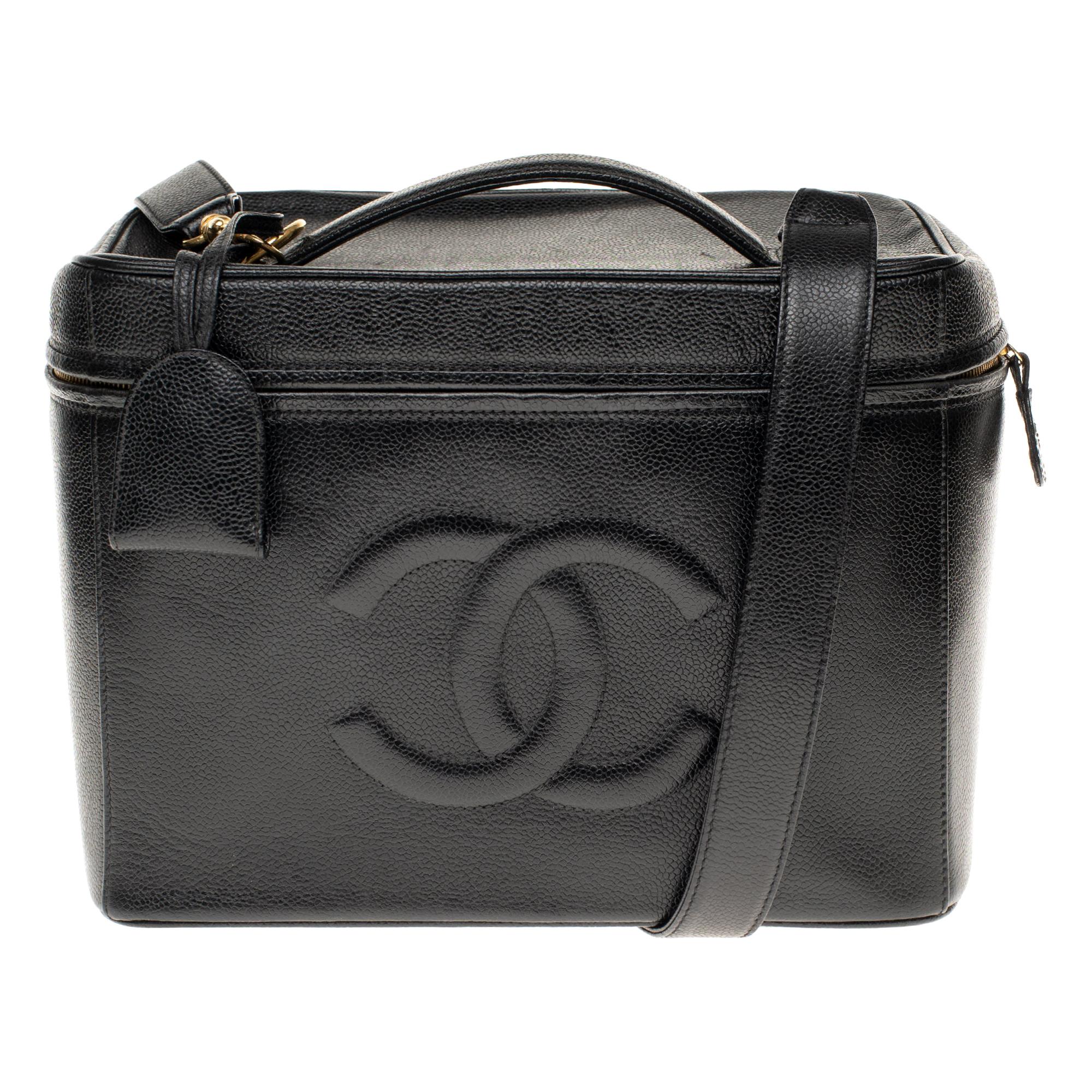 Rare Chanel Vanity Case in Caviar black leather with strap , gold ...