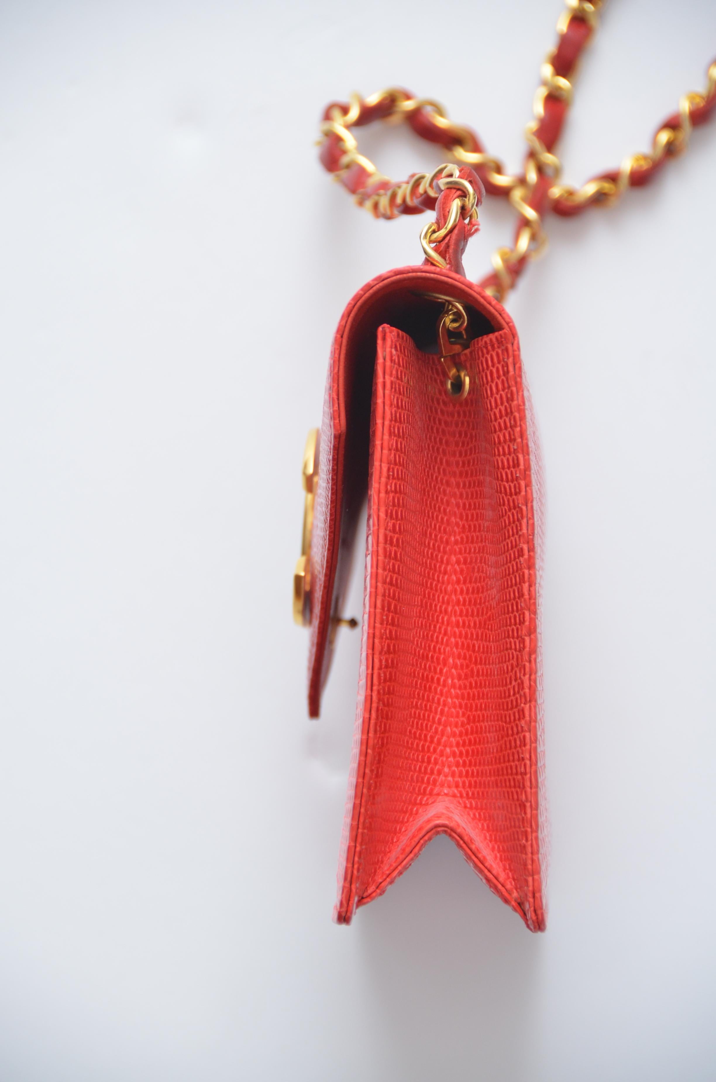 Women's or Men's Rare Chanel Vermilion Red Lizard Mini Handbag Large Gold Plated CC 
