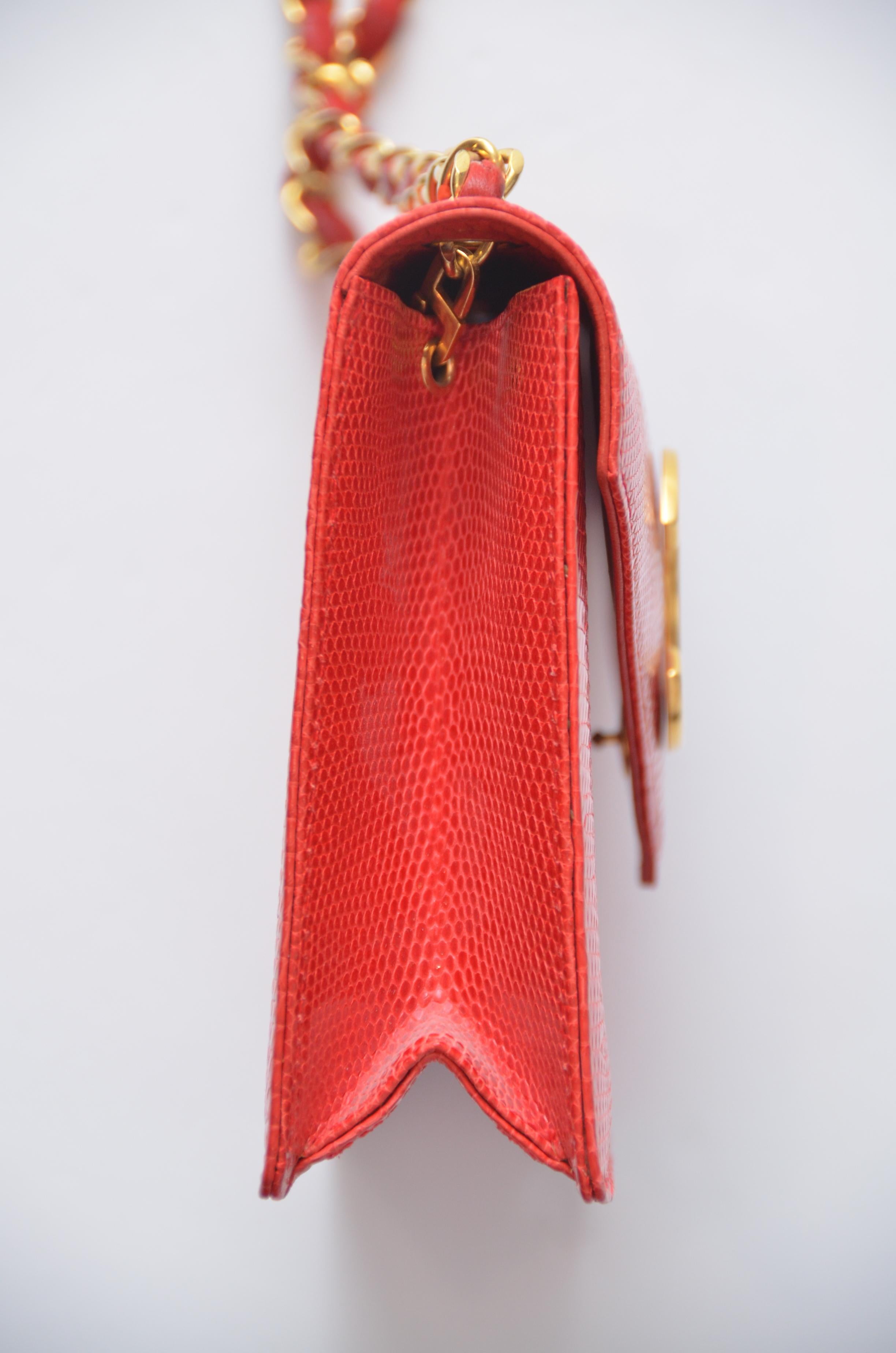 Rare Chanel Vermilion Red Lizard Mini Handbag Large Gold Plated CC  1