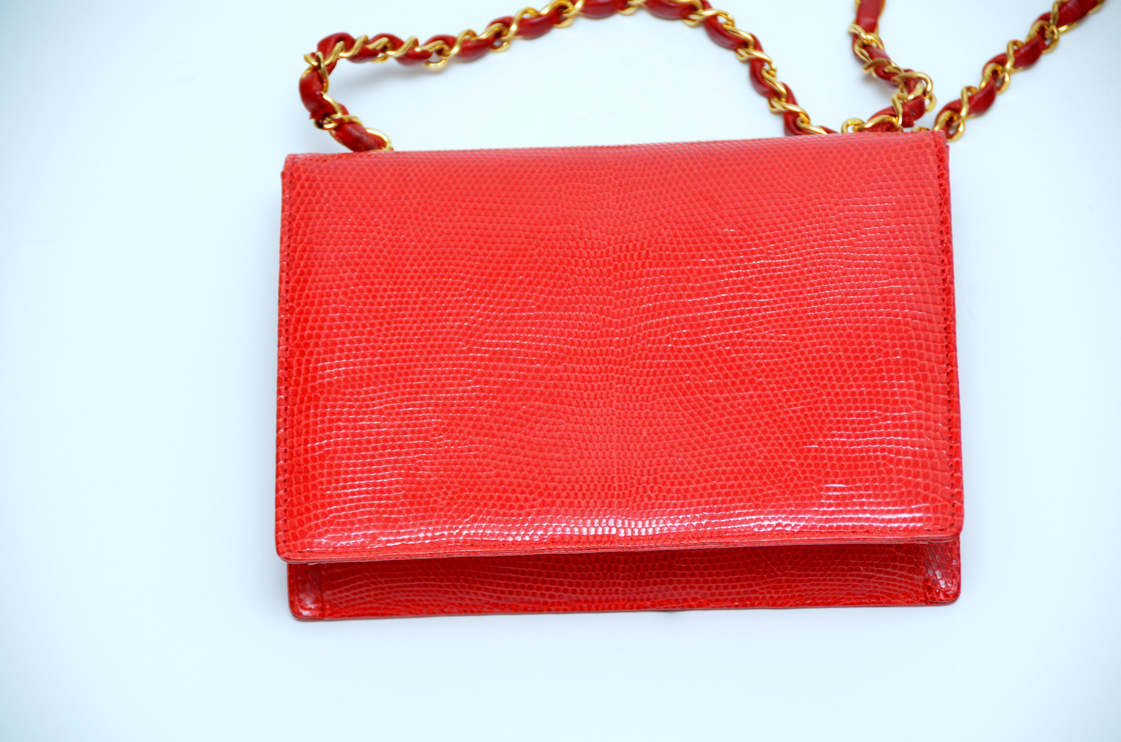 Rare Chanel Vermilion Red Lizard Mini Handbag Large Gold Plated CC  2