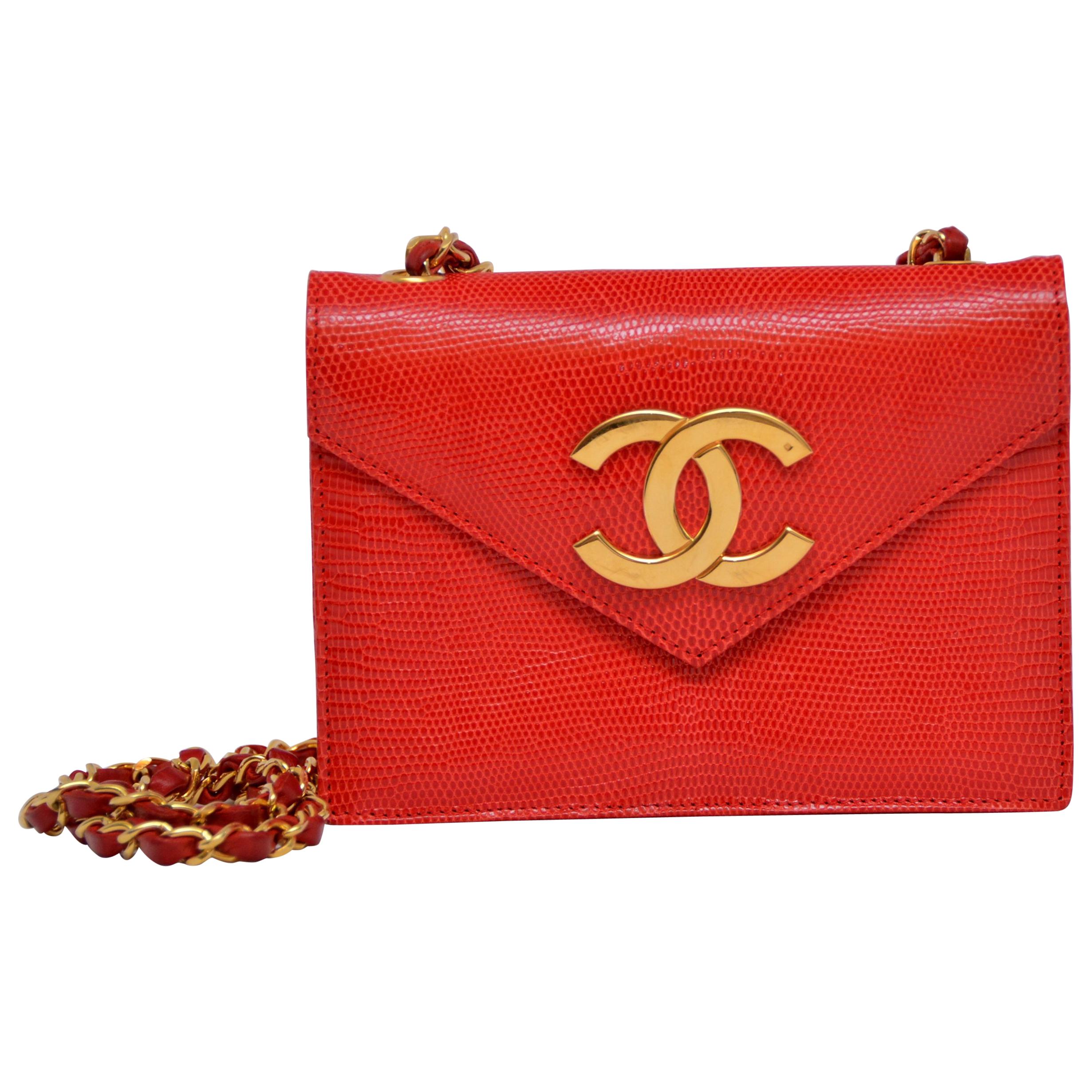 Rare Chanel Vermilion Red Lizard Mini Handbag Large Gold Plated CC 