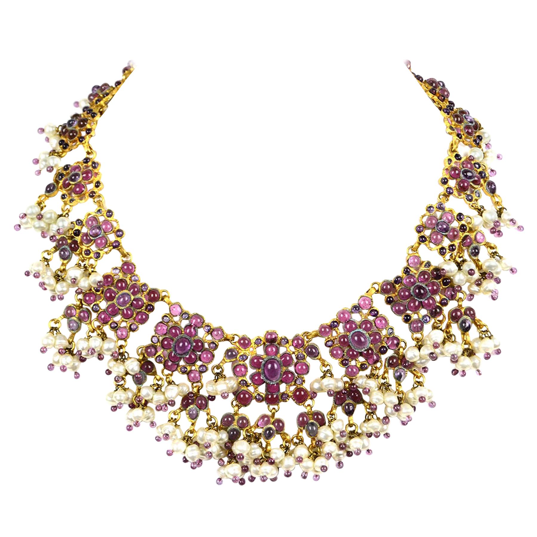 Rare Chanel Vintage 1990’s Purple Gripoix & Faux Pearl Statement Necklace