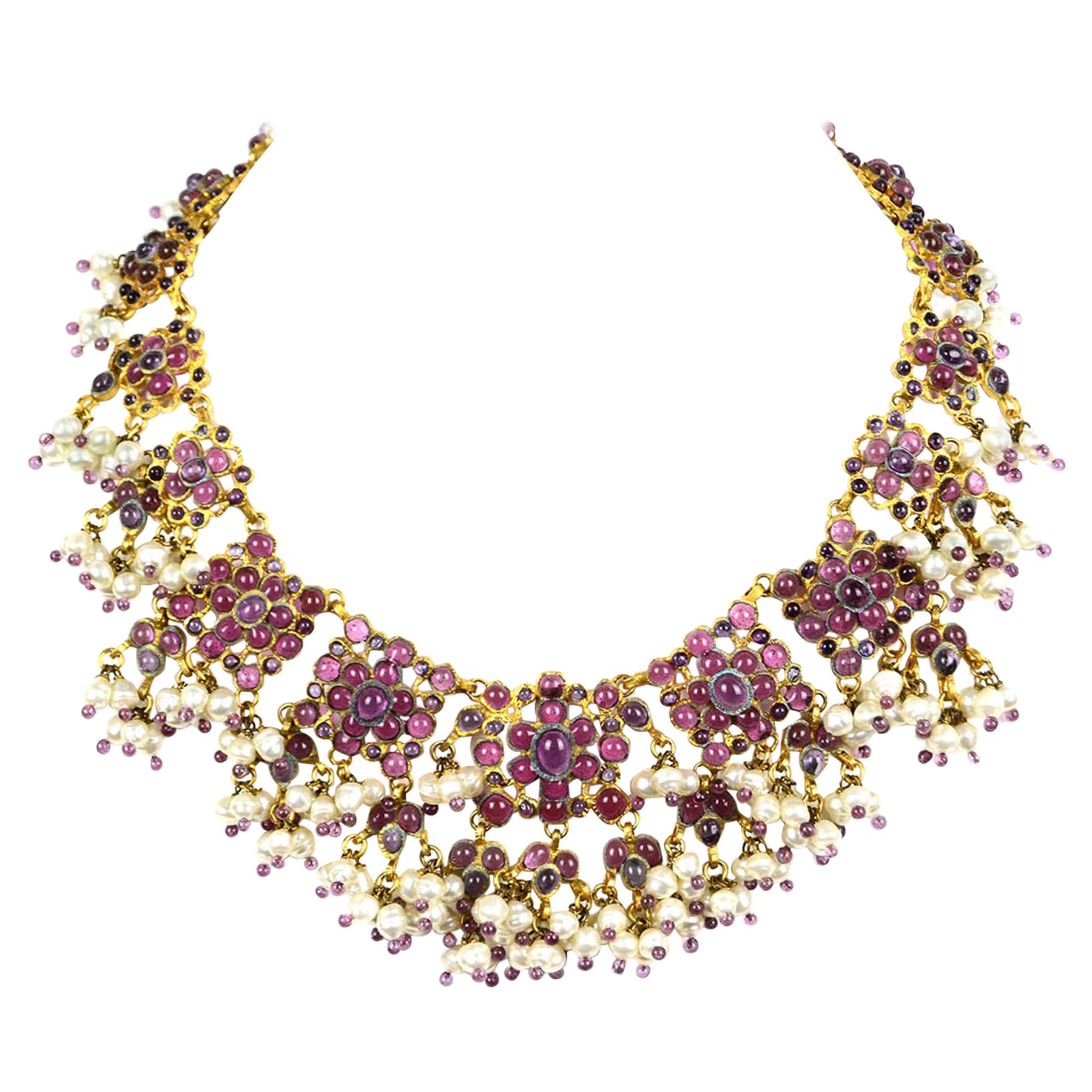 Rare Chanel Vintage 1990’s Purple Gripoix 
Faux Pearl Statement Necklace