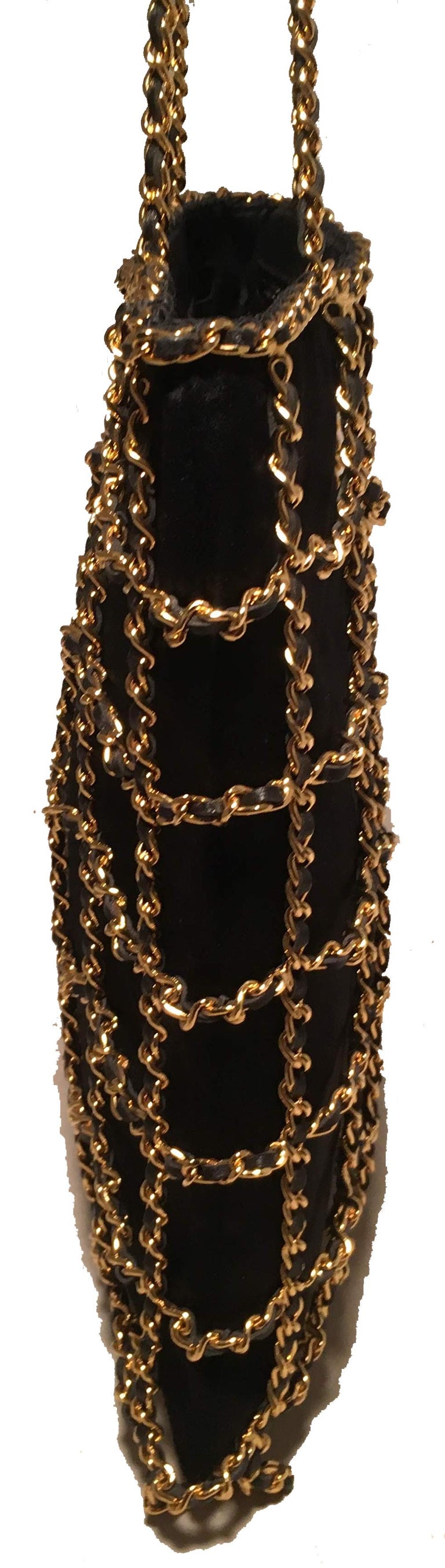 RARE Chanel Vintage Black Silk Chain Cage Evening Bag For Sale at 1stDibs