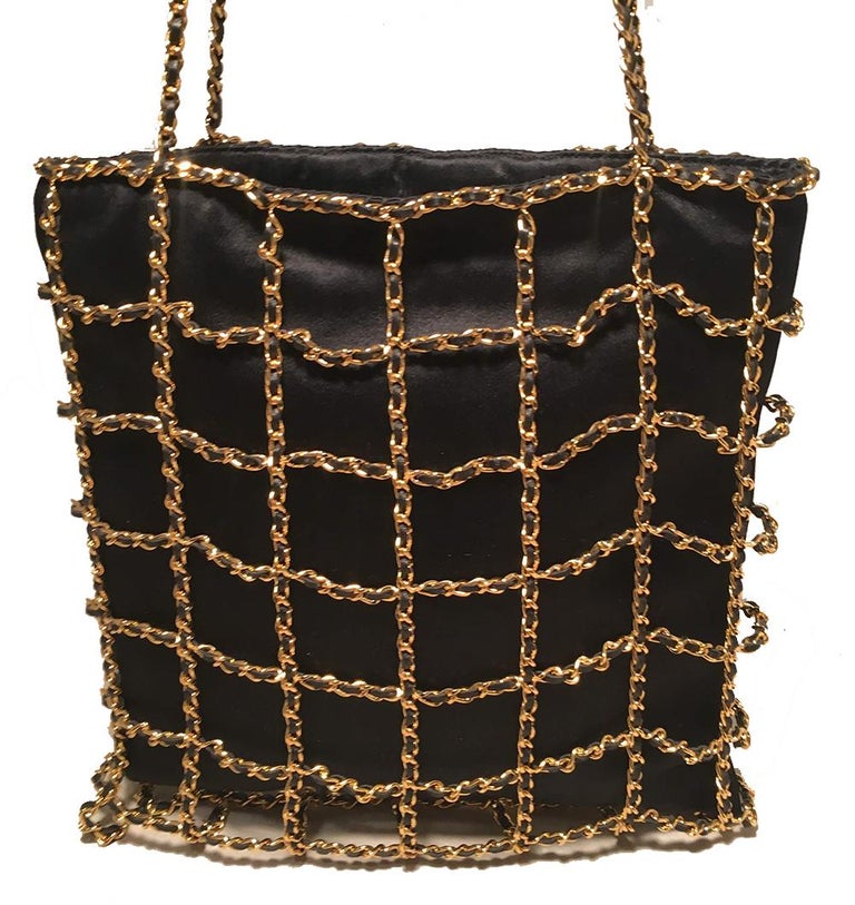 RARE Chanel Vintage Black Silk Chain Cage Evening Bag For Sale at 1stDibs