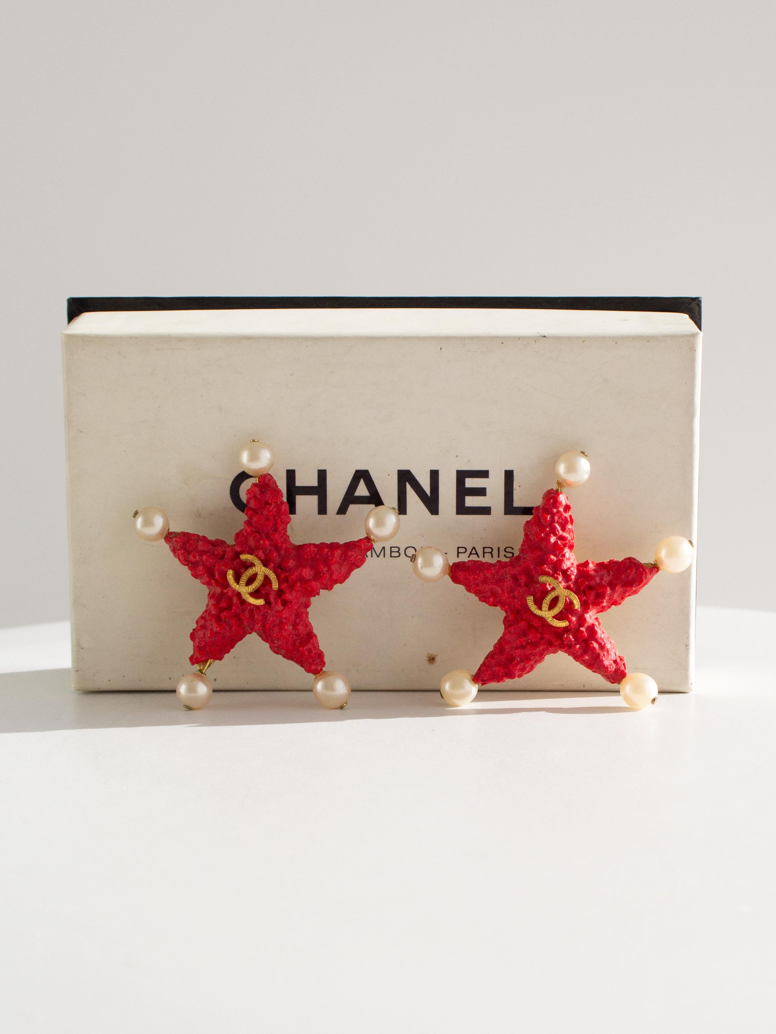 Seltene Chanel Vintage Cruise 1993 Seestern Lava Rot Perle 93C Ohrringe im Angebot 8