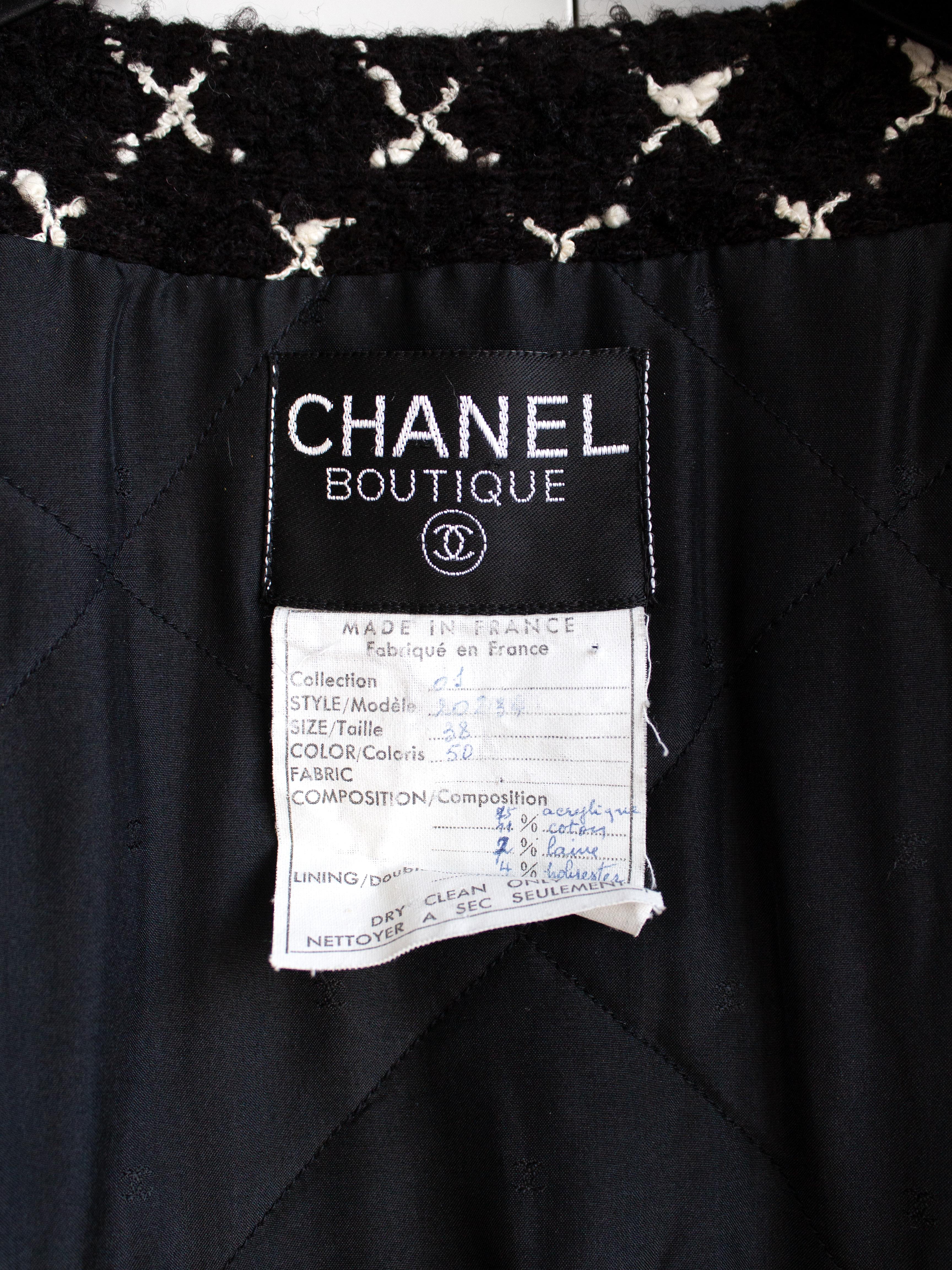 Rare Chanel Vintage F/W 1987 Karl Black White Pearl X Tweed Jacket Skirt Suit For Sale 4