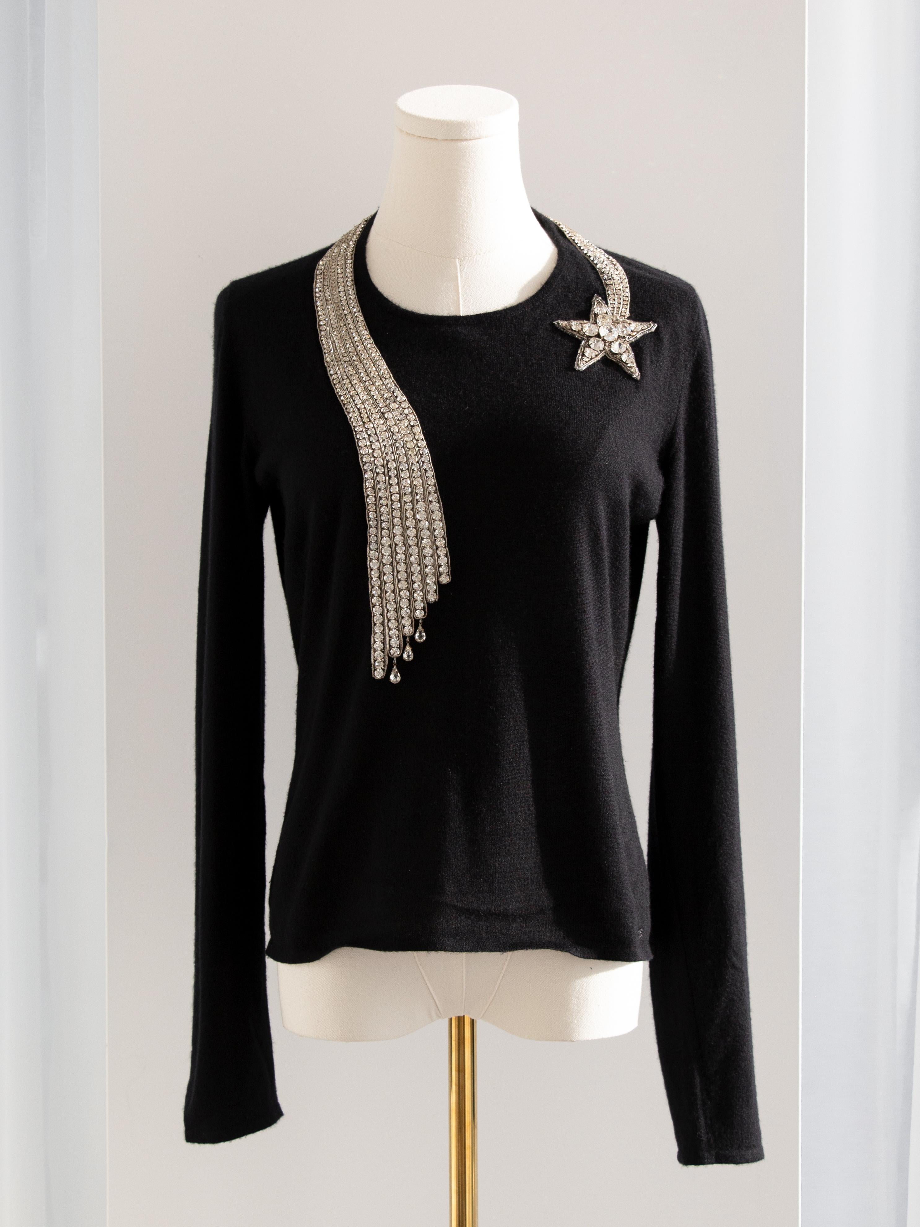 Black RARE Chanel Vintage F/W 2003 Comete Swarovski Embellished Necklace 03A Sweater