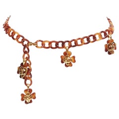 rare CHANEL Vintage gold CC clover heart brown amber tortoise lucite chain belt
