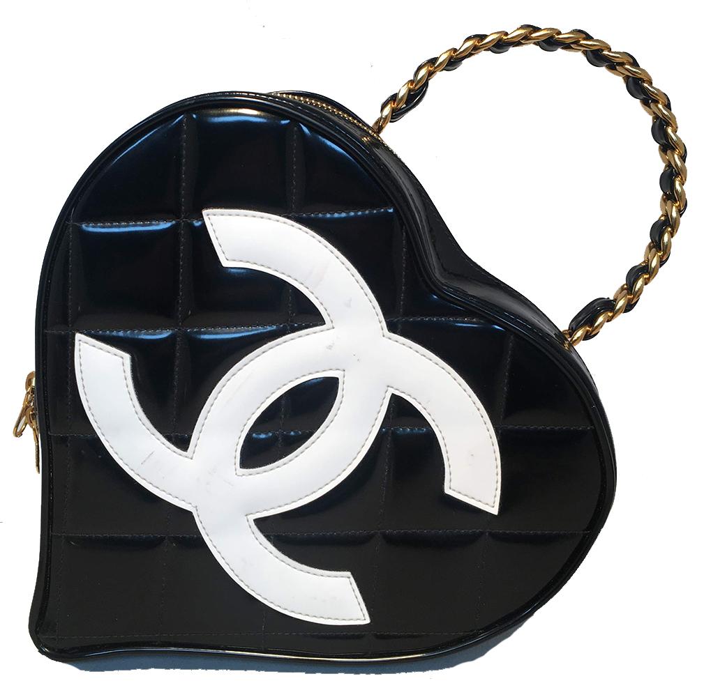 RARE Chanel Vintage Quilted Black and White Patent Leather Heart Bag at ...