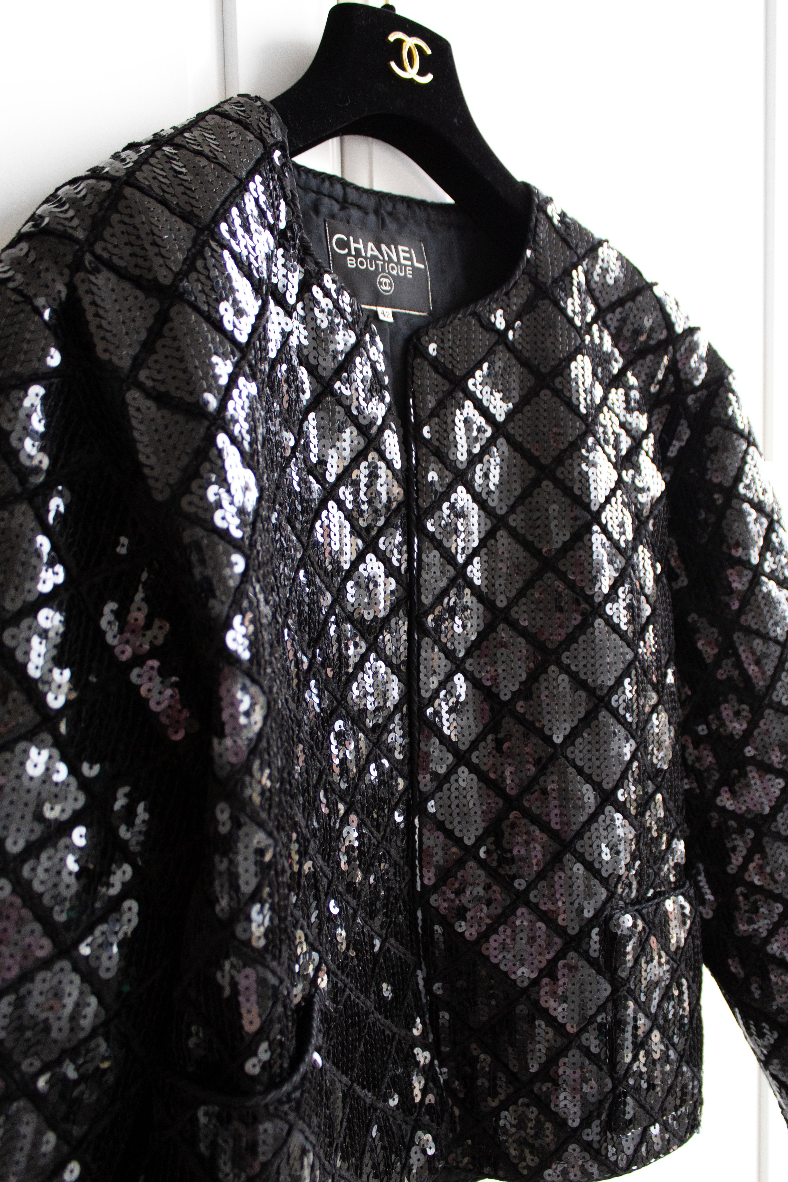 Rare Chanel Vintage S/S 1987 Black Quilted Sequin Embellished Jacket 3