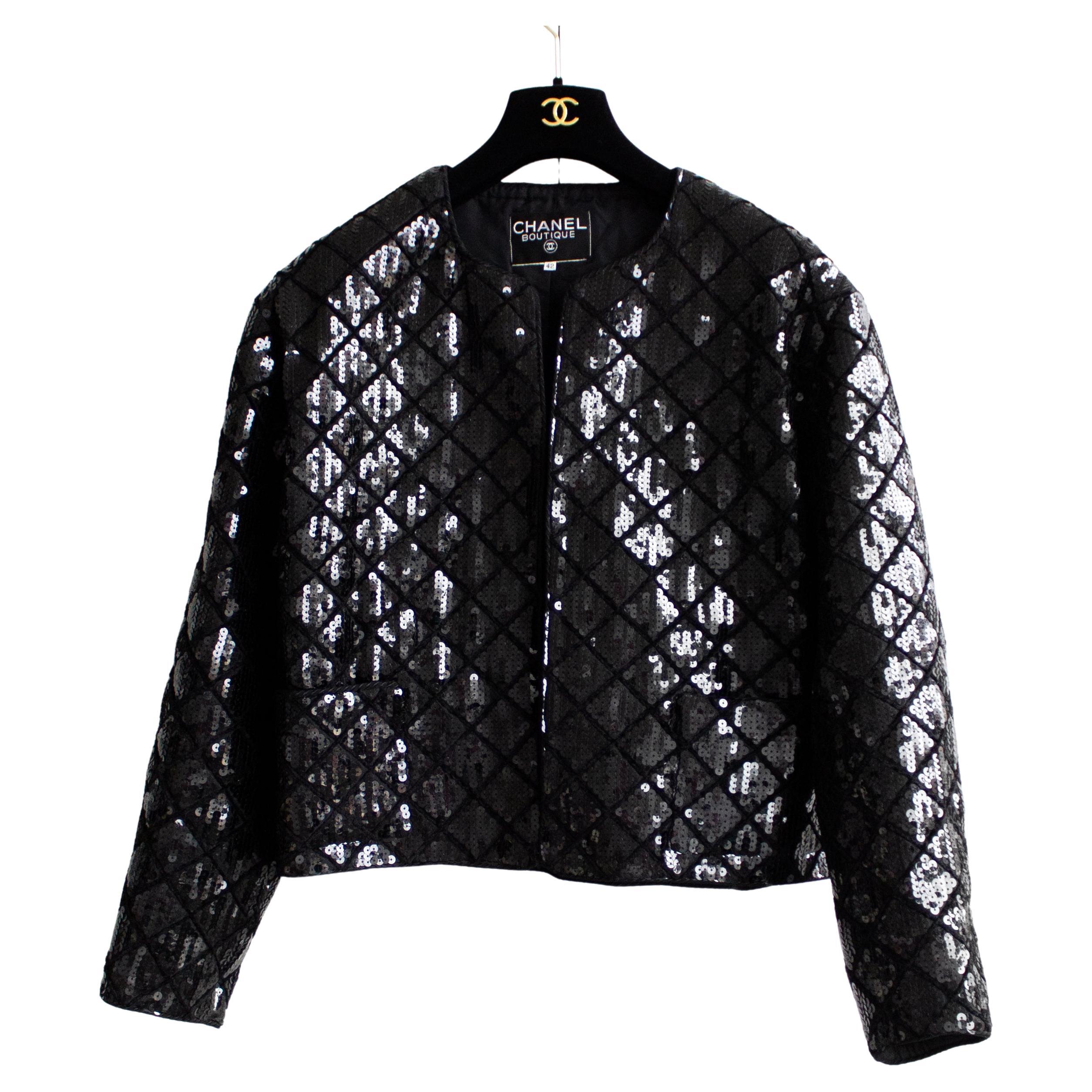 Rare Chanel Vintage S/S 1987 Black Quilted Sequin Embellished Jacket