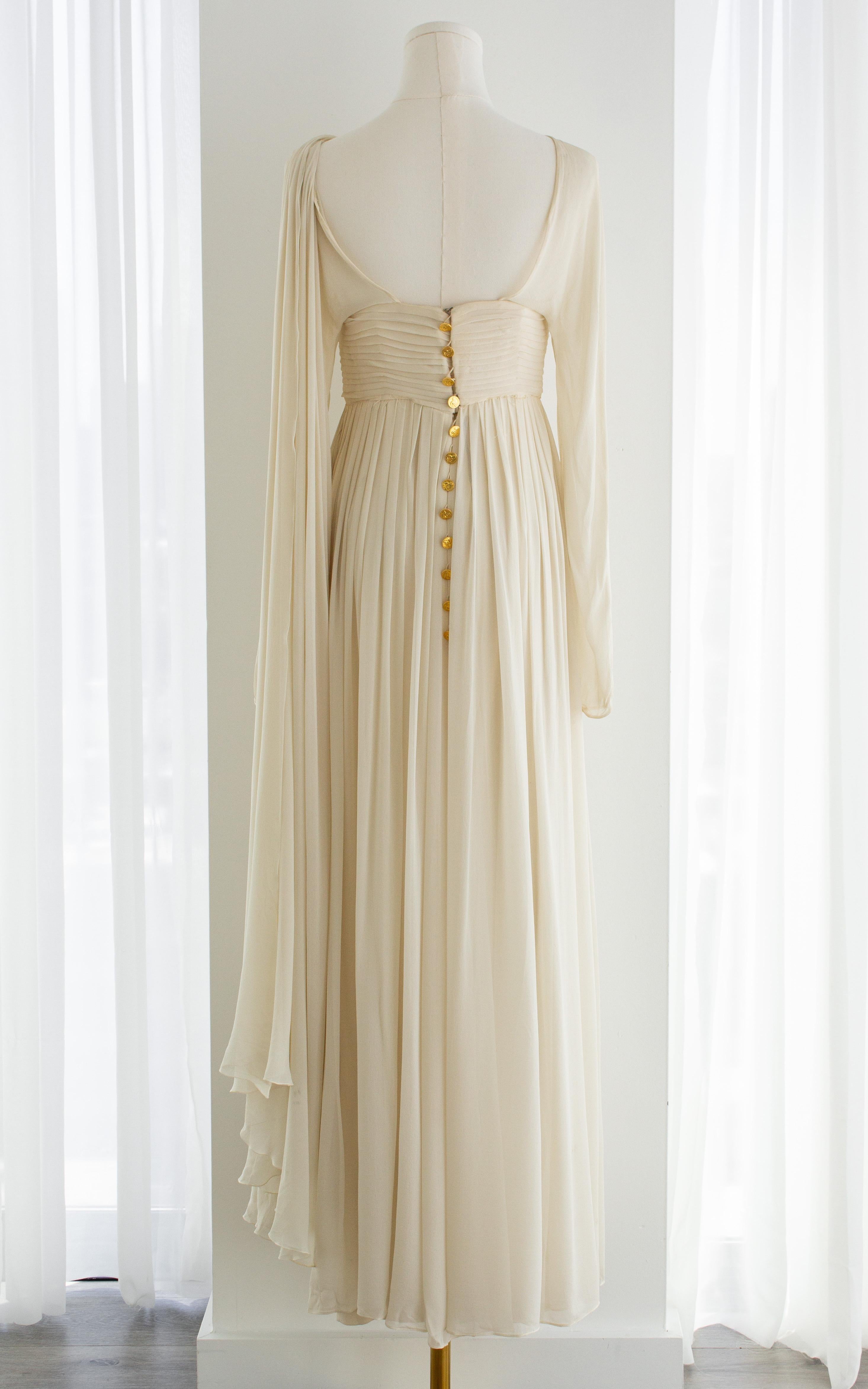 Rare Chanel Vintage S/S 1989 Grecian Goddess Ivory Gold Pleated Gown For Sale 3