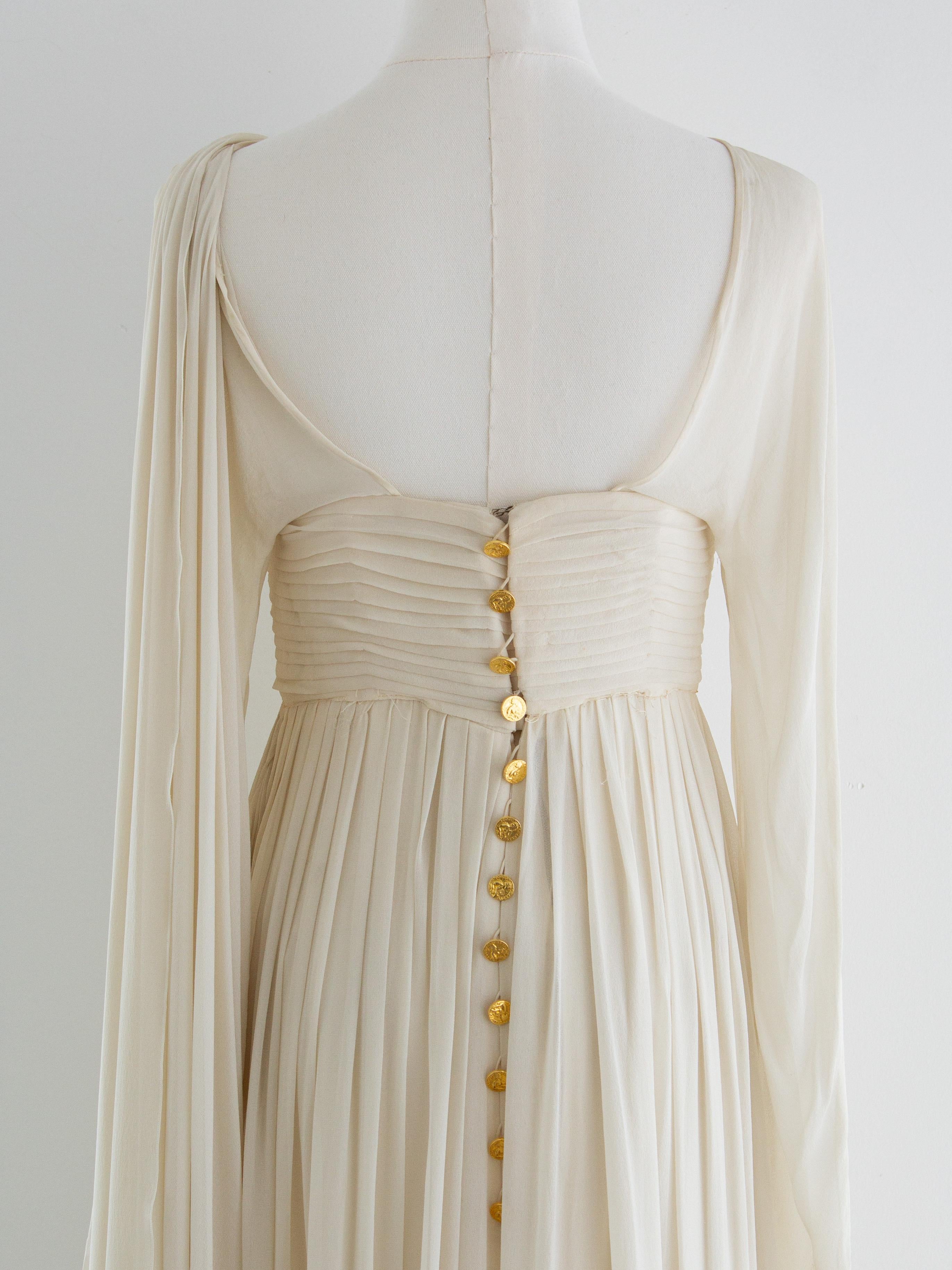 Rare Chanel Vintage S/S 1989 Grecian Goddess Ivory Gold Pleated Gown For Sale 4