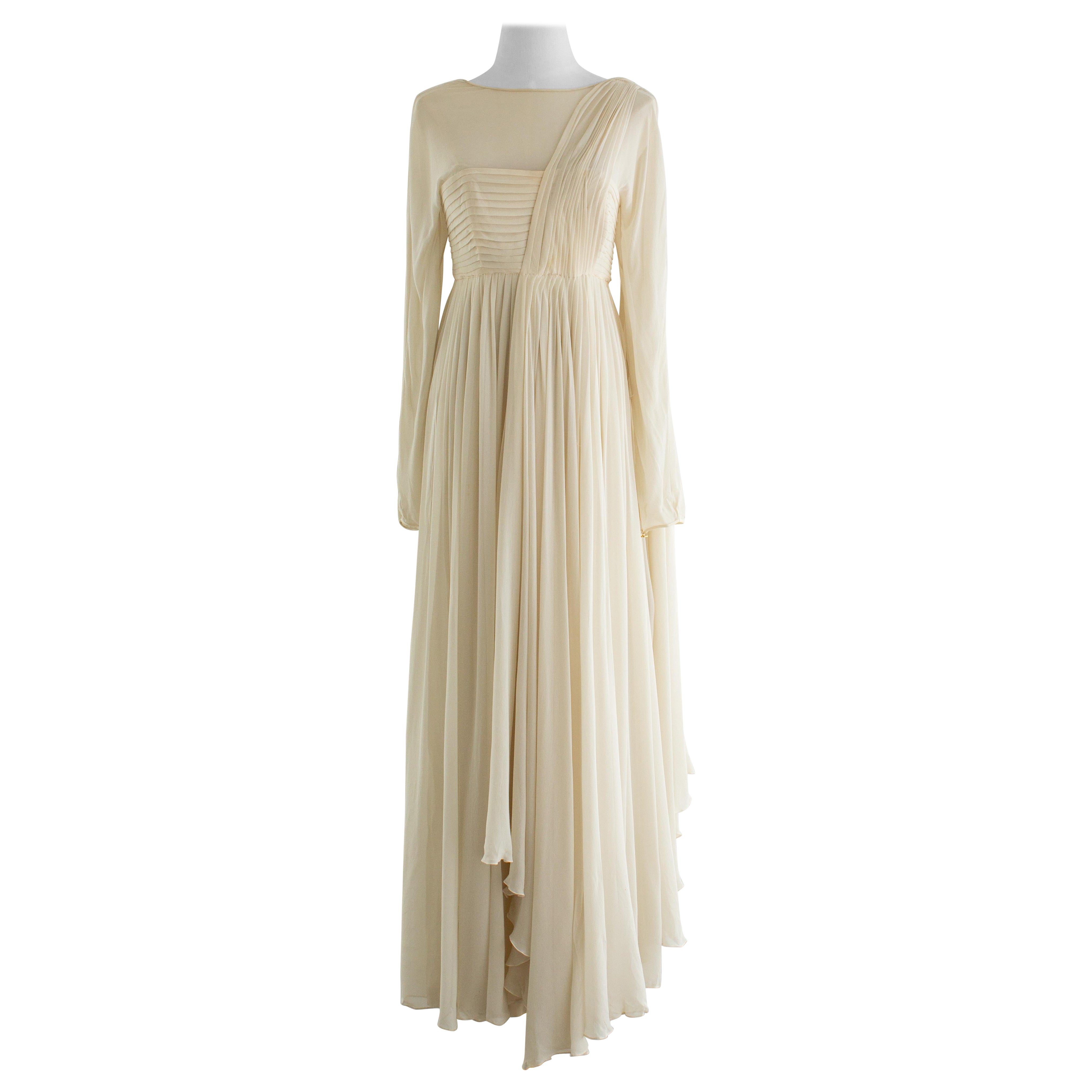 Rare Chanel Vintage S/S 1989 Grecian Goddess Ivory Gold Pleated Gown For Sale